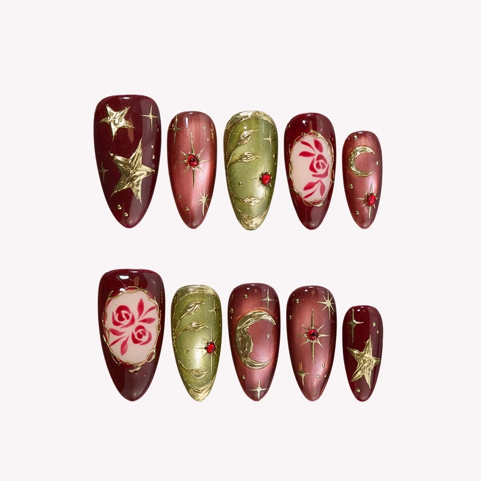 Moonlit Goddess - Ersa Nails Red Nude Gold Medium Almond Handmade Press On Nails