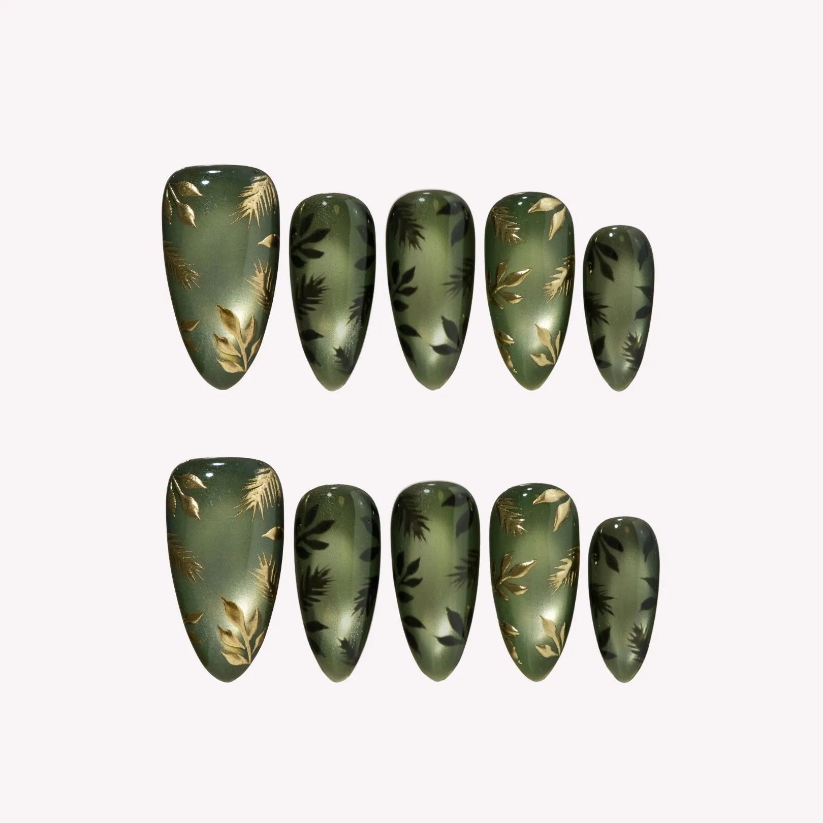 Mystic Foliage - Ersa Nails Black Jude Gold Medium Almond Handmade Press On Nails