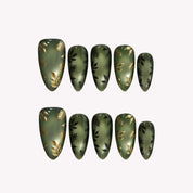 Mystic Foliage - Ersa Nails Black Jude Gold Medium Almond Handmade Press On Nails