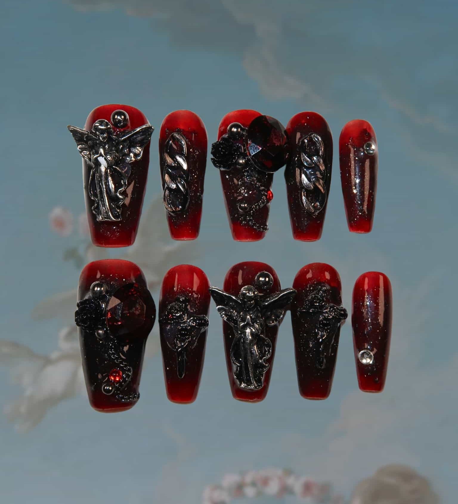 Nocturnal Elegance - Ersa Nails Black Red Mid Coffin PressOnNails