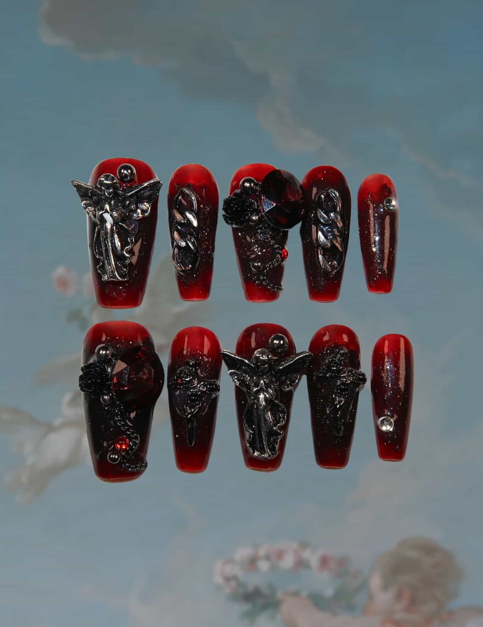 Nocturnal Elegance - Ersa Nails Black Red Mid Coffin PressOnNails