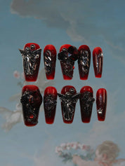 Nocturnal Elegance - Ersa Nails Black Red Mid Coffin PressOnNails