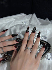 Nocturnal Elegance - Ersa Nails Black Red Mid  Coffin PressOnNails