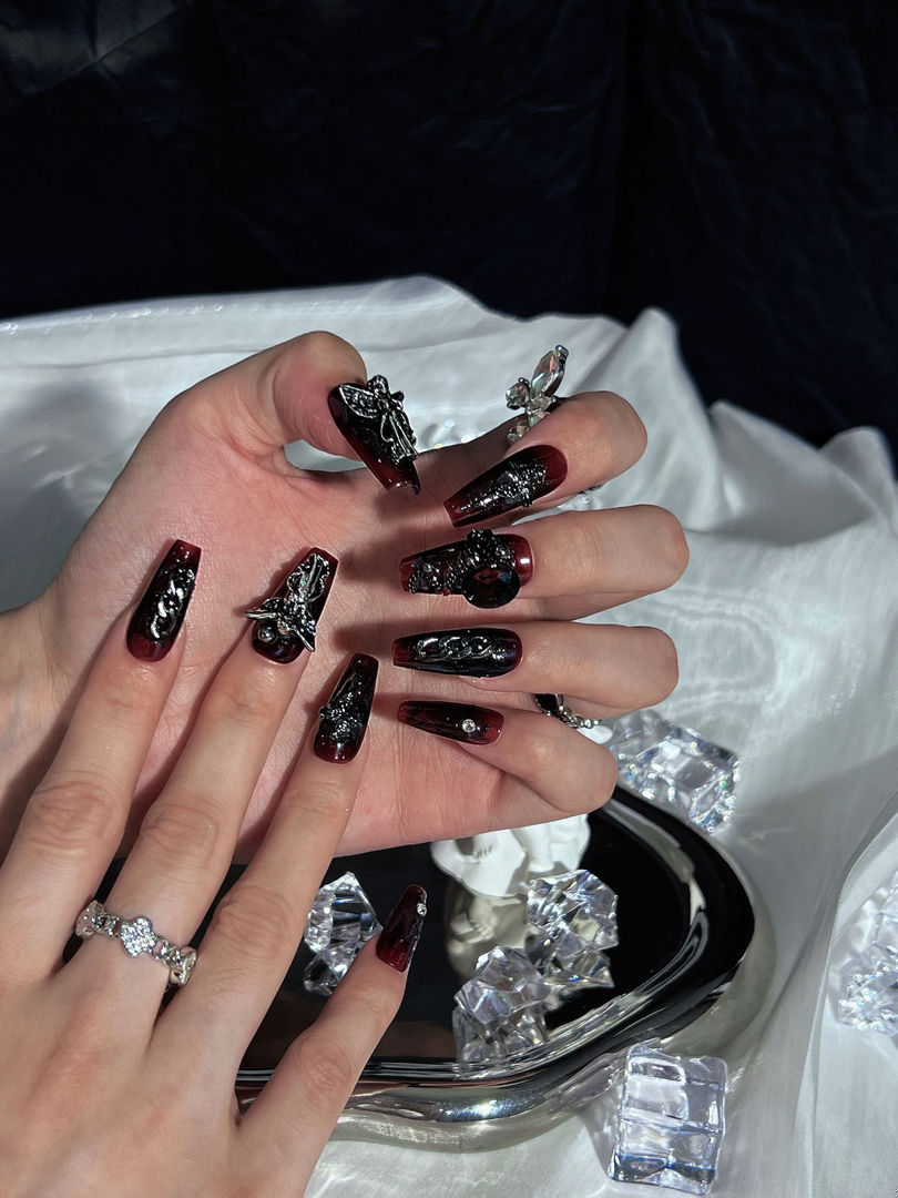 Nocturnal Elegance - Ersa Nails Black Red Mid  Coffin PressOnNails