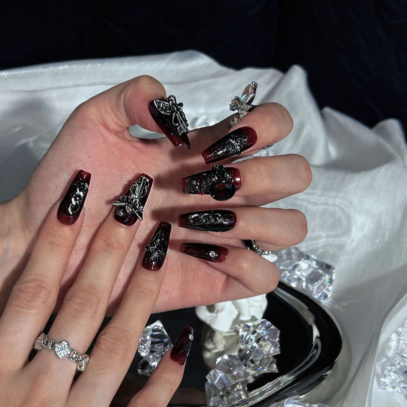 Nocturnal Elegance - Ersa Nails Black Red Mid  Coffin PressOnNails