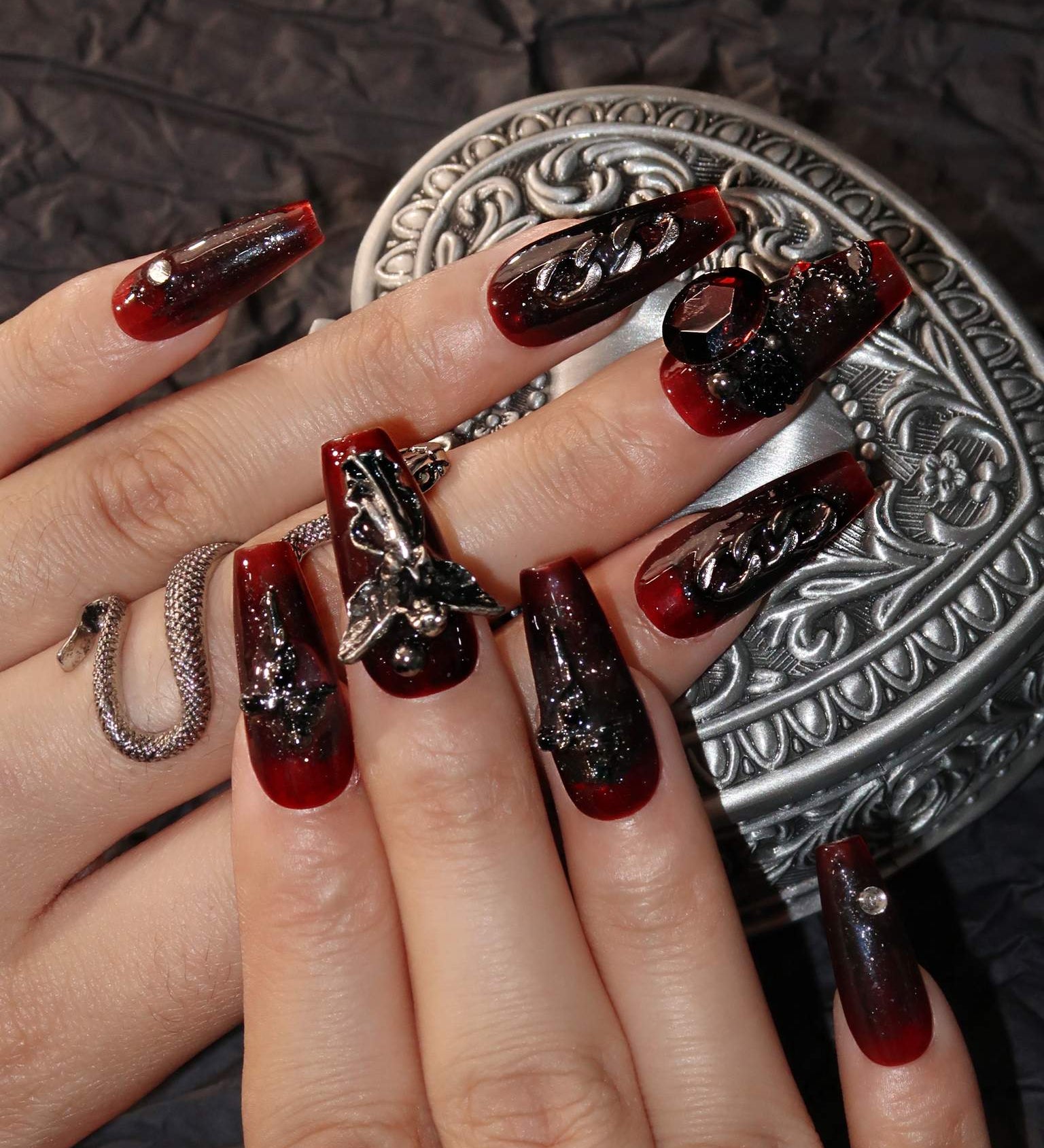 Nocturnal Elegance - Ersa Nails Black Red Mid Coffin PressOnNails