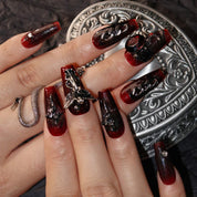 Nocturnal Elegance - Ersa Nails Black Red Mid Coffin PressOnNails