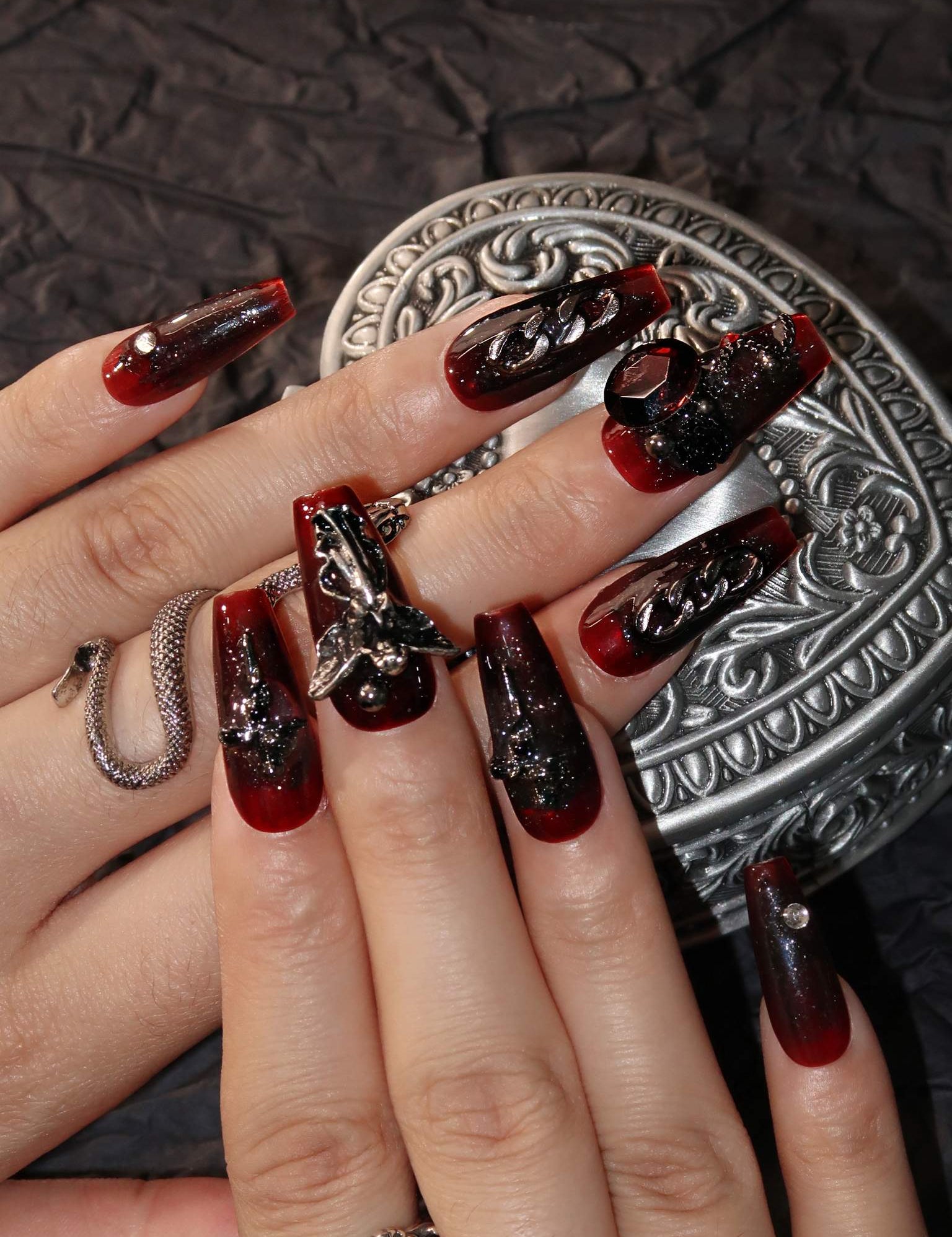 Nocturnal Elegance - Ersa Nails Black Red Mid Coffin PressOnNails