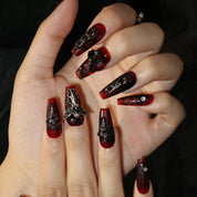 Nocturnal Elegance - Ersa Nails Black Red Mid Coffin PressOnNails