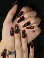 Nocturnal Elegance - Ersa Nails Black Red Mid Coffin PressOnNails