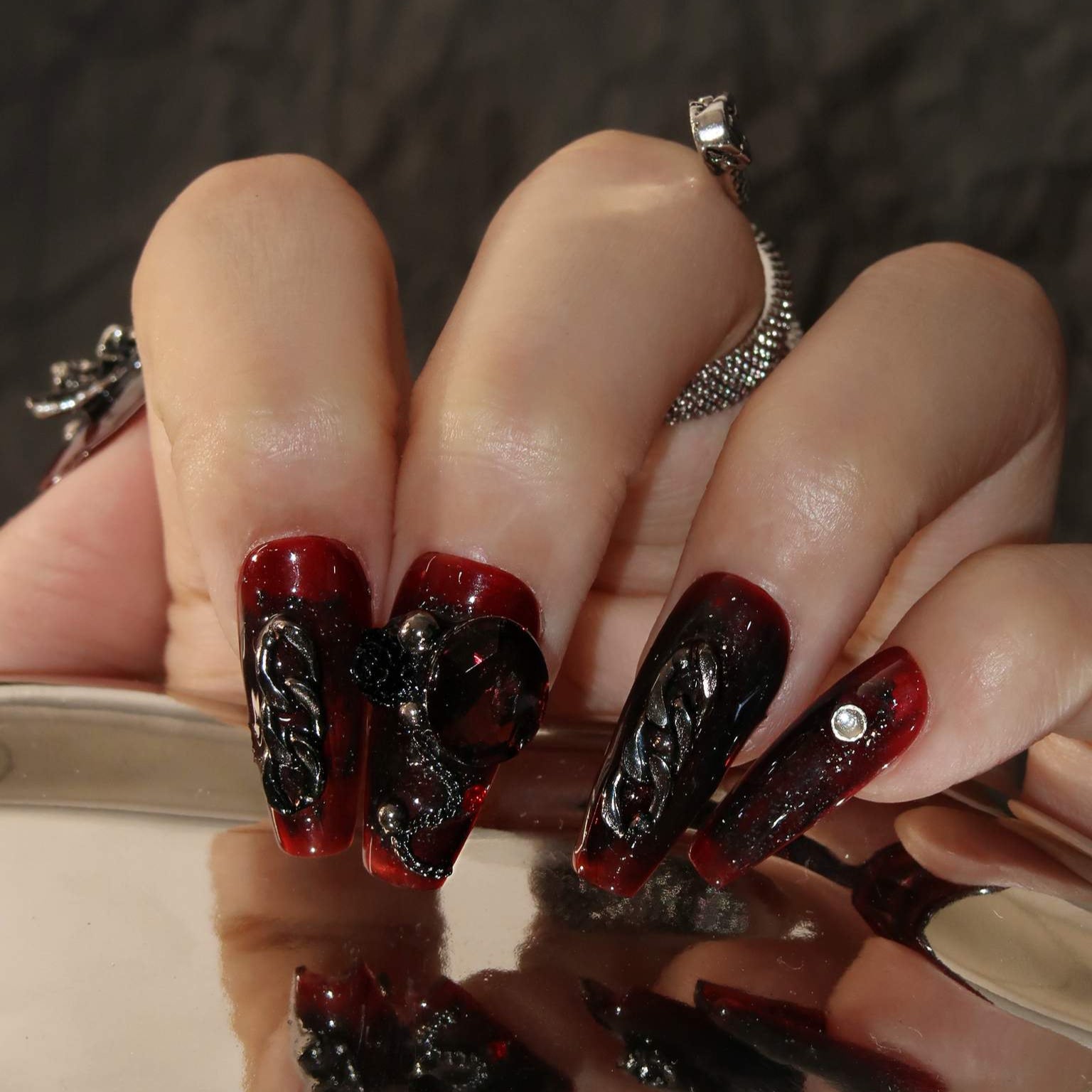 Nocturnal Elegance - Ersa Nails Black Red Mid Coffin PressOnNails