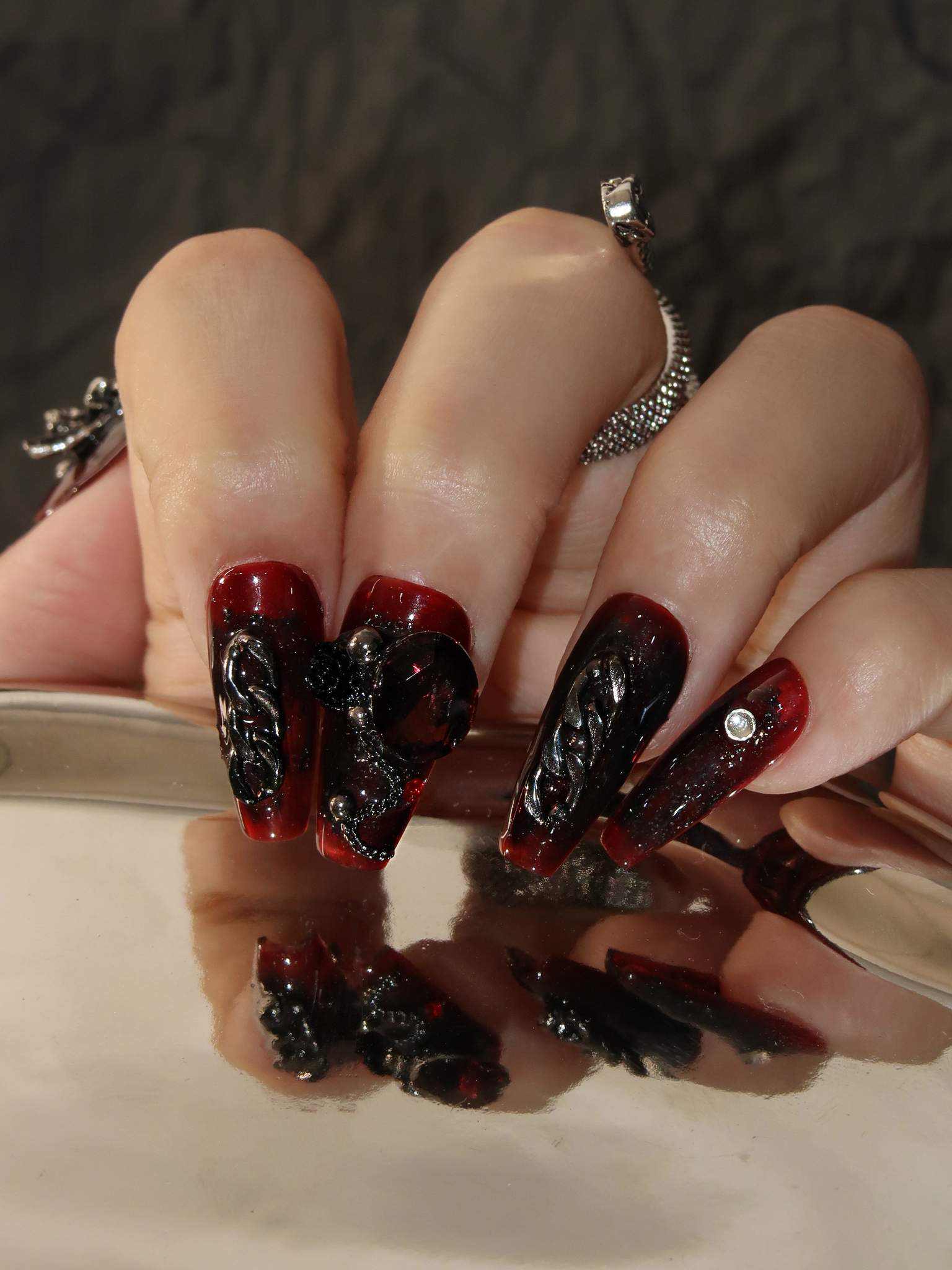 Nocturnal Elegance - Ersa Nails Black Red Mid Coffin PressOnNails