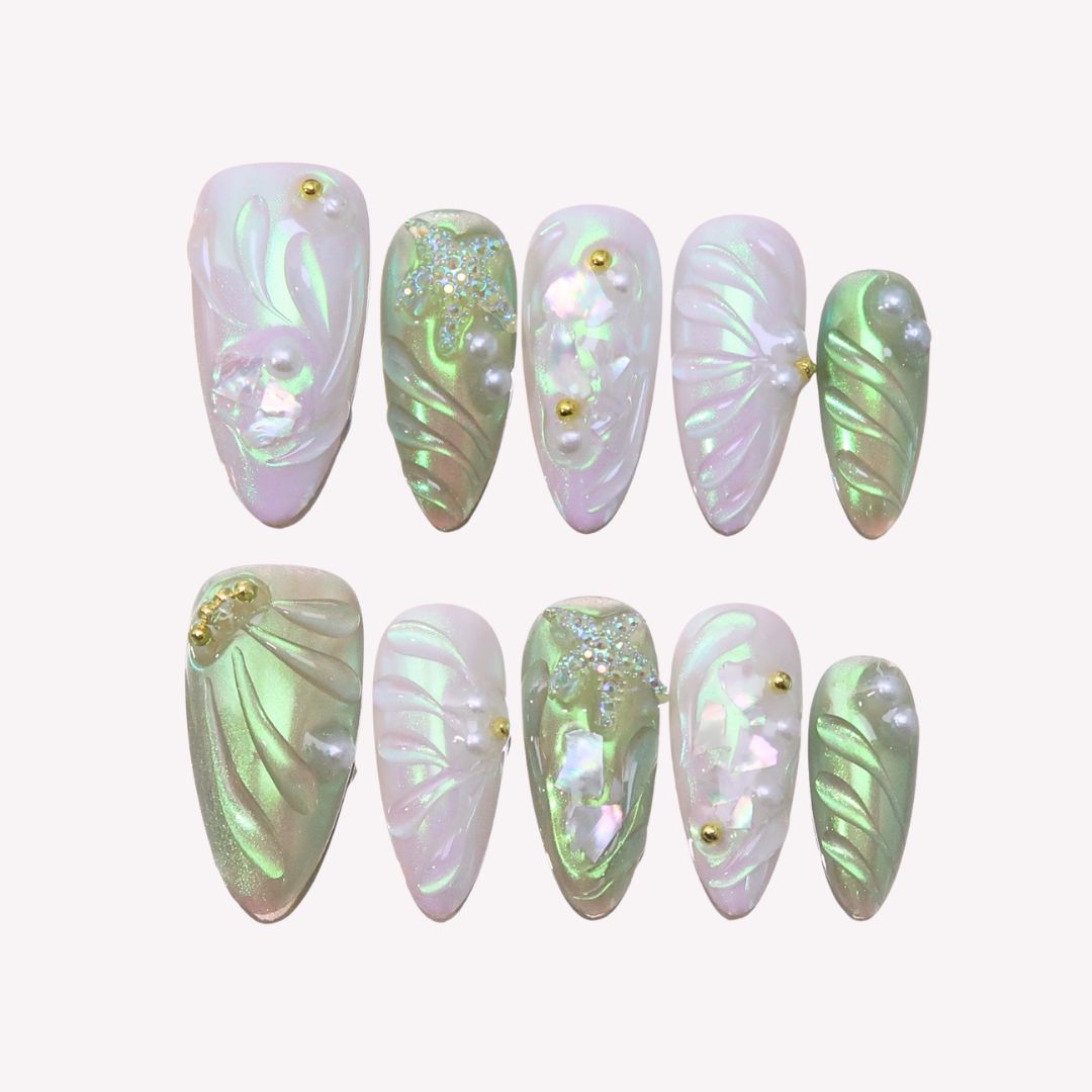  Oceanic Odyssey - Ersa Nails Jade White Medium Almond PressOnNails