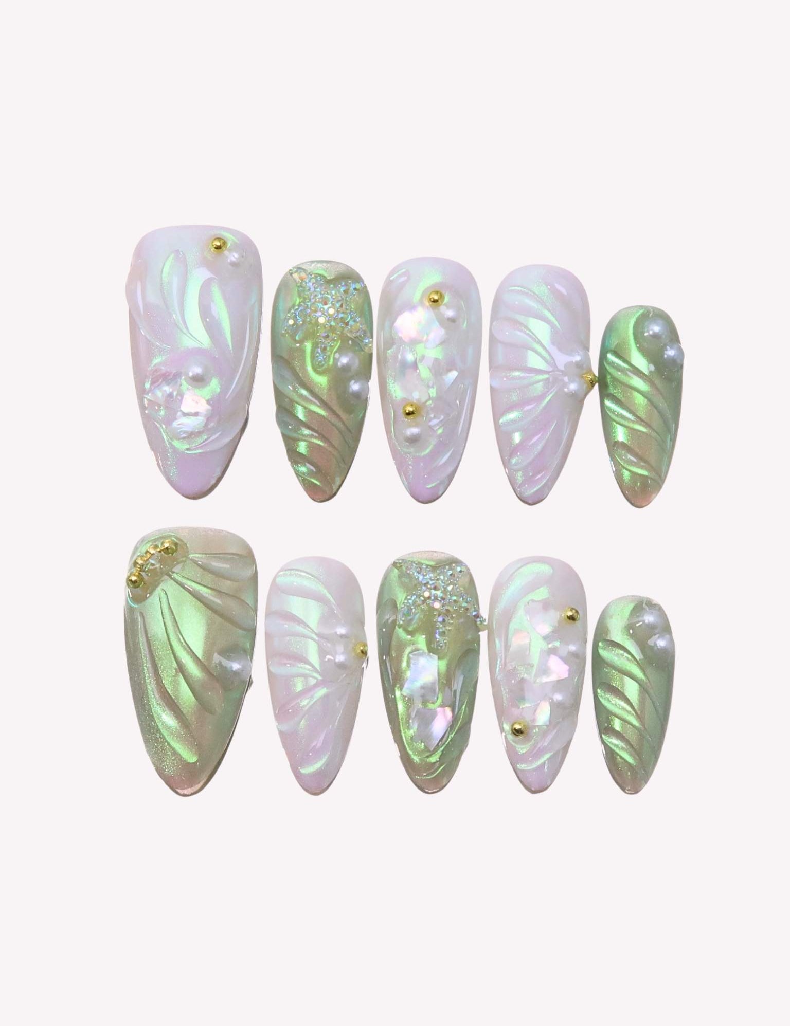  Oceanic Odyssey - Ersa Nails Jade White Medium Almond PressOnNails