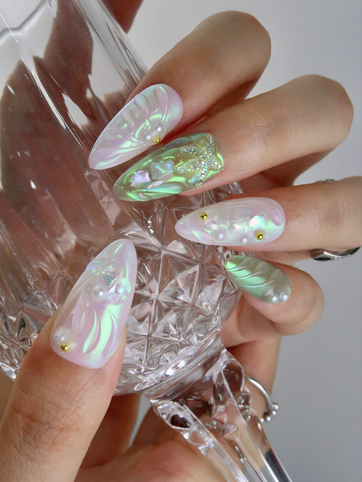  Oceanic Odyssey - Ersa Nails Jade White Medium Almond PressOnNails