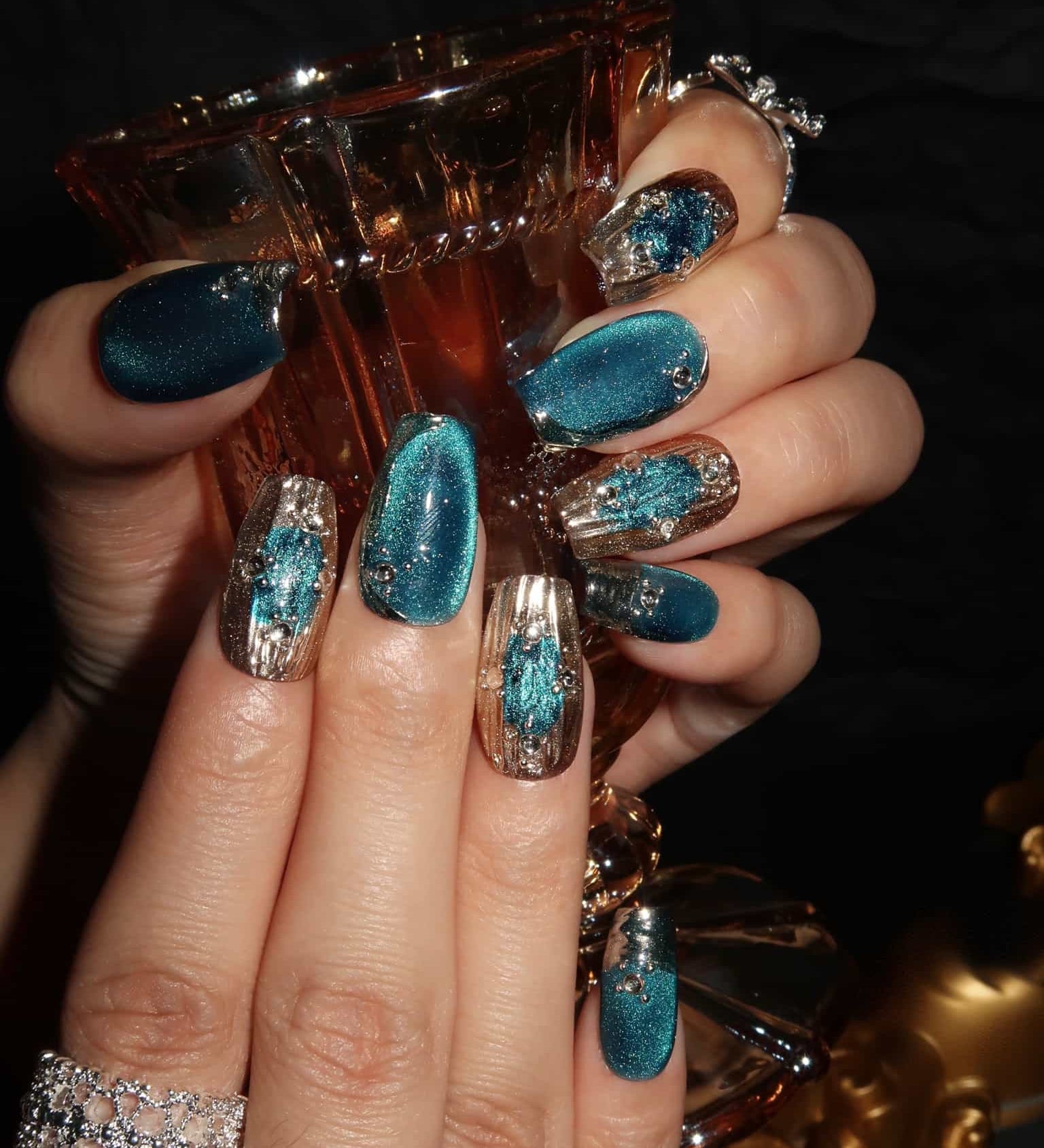 Oceanic Shimmer  - Ersa Nails Blue Sliver Short Coffin PressOnNails