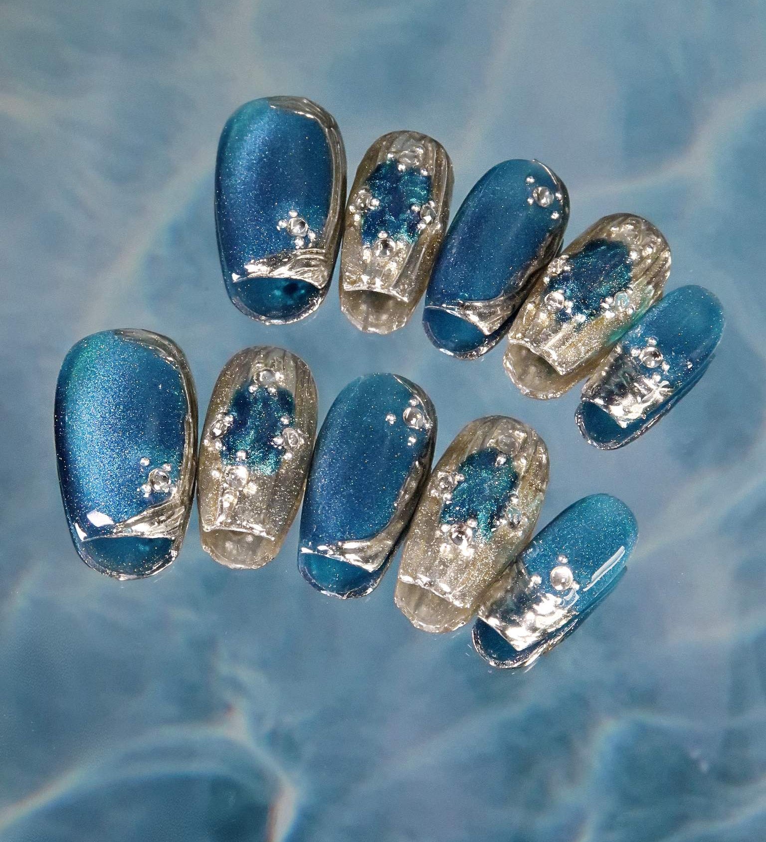 Oceanic Shimmer  - Ersa Nails Blue Sliver Short Coffin PressOnNails