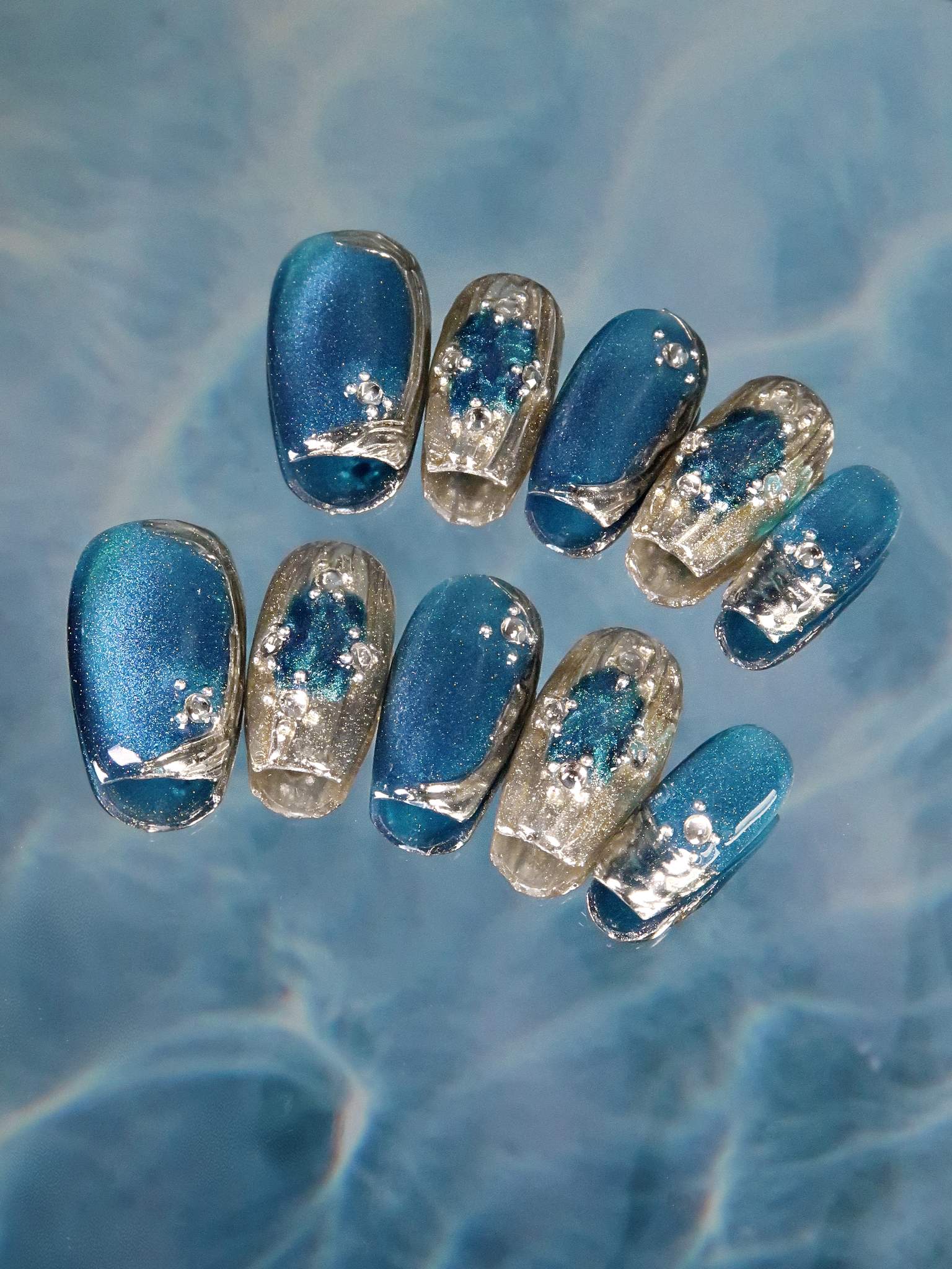 Oceanic Shimmer  - Ersa Nails Blue Sliver Short Coffin PressOnNails