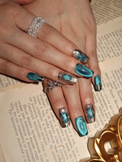 Oceanic Shimmer  - Ersa Nails Blue Sliver Short Coffin PressOnNails