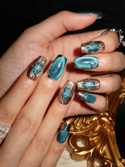 Oceanic Shimmer  - Ersa Nails Blue Sliver Short Coffin PressOnNails