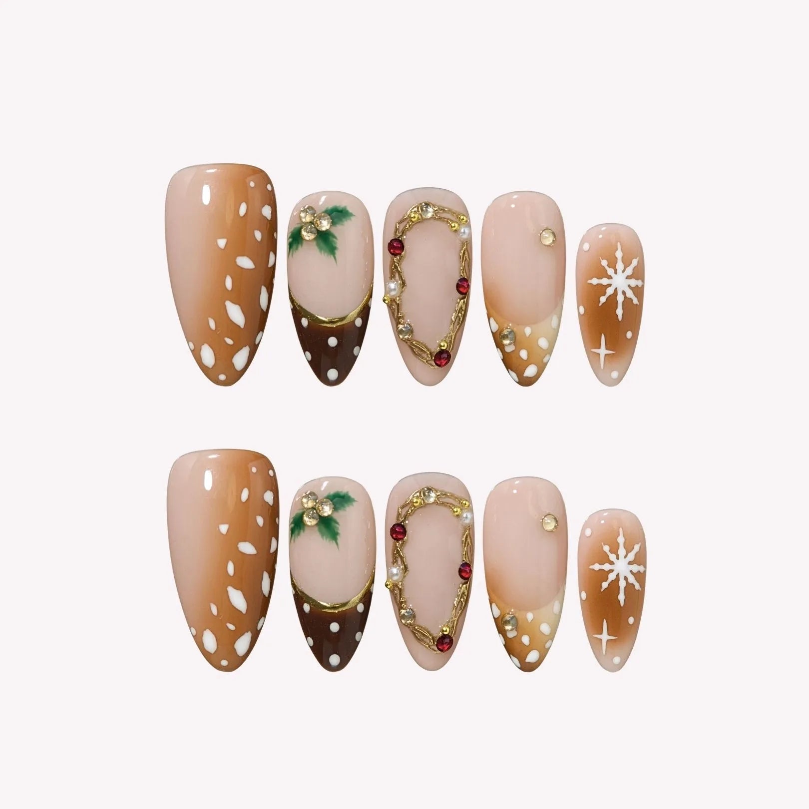 Oh Deer - Ersa Nails Nude Brown Gold Medium Almond Handmade Press On Nails