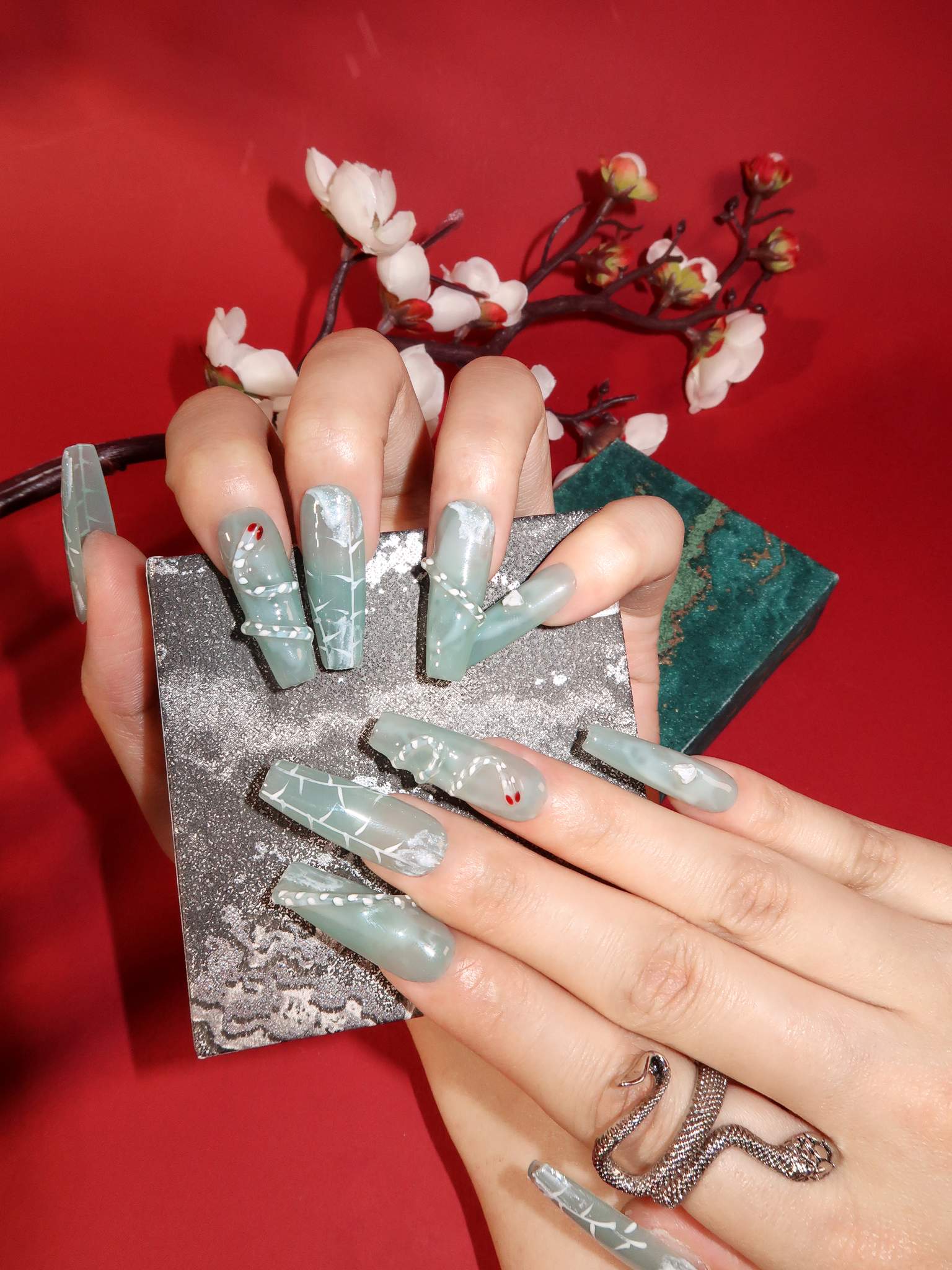  Opalescent S - Ersa Nails Jade Long Coffin PressOnNails