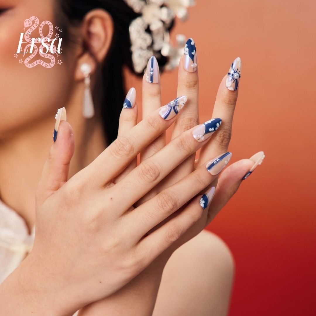 Pearl of the Orient - Ersa Nails Nude White Blue PressOnNails