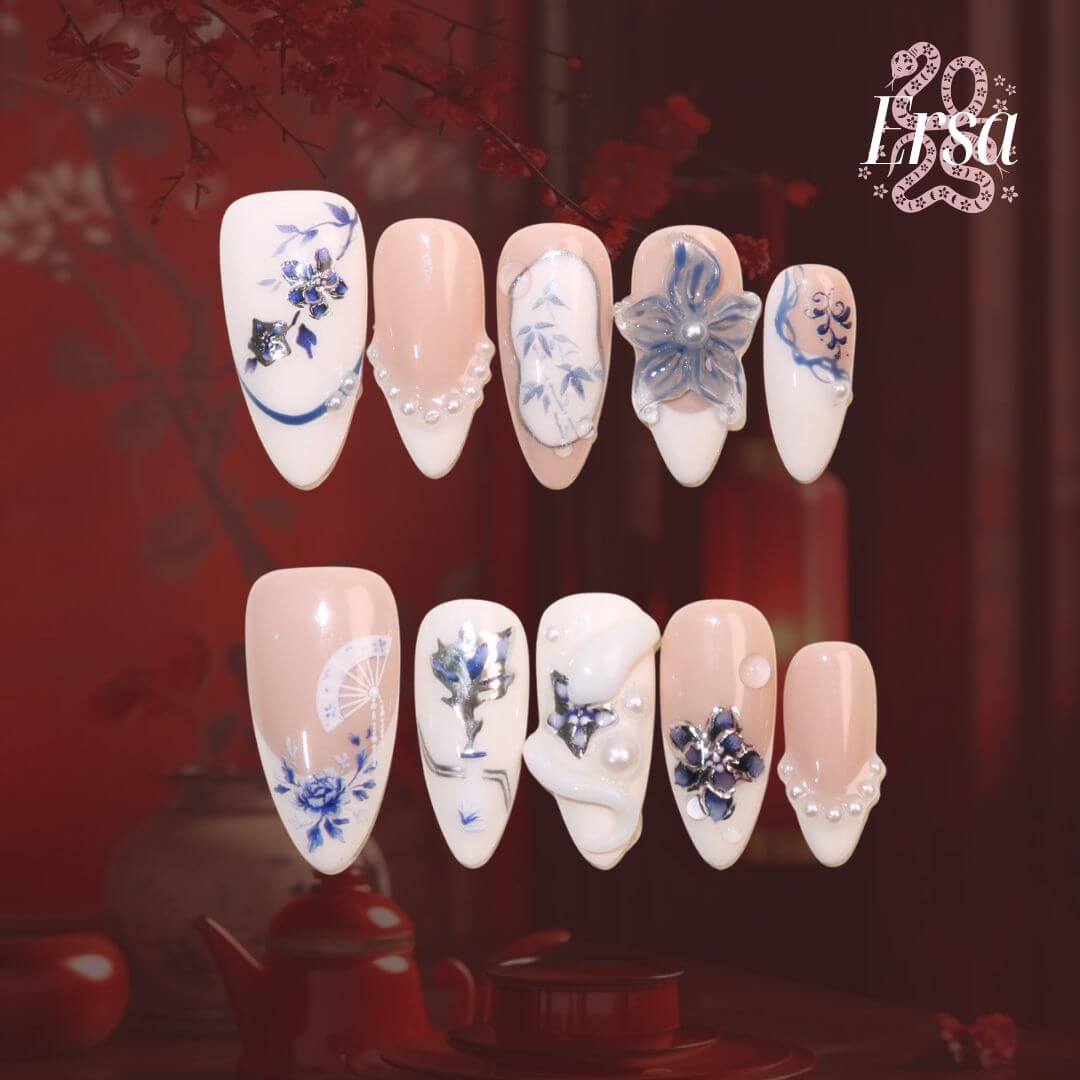 Petals of Eternity - Ersa Nails Nude White Blue PressOnNails