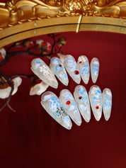  Porcelain Dragon - Ersa Nails Blue White Long Oval PressOnNails