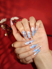  Porcelain Dragon - Ersa Nails Blue White Long Oval PressOnNails