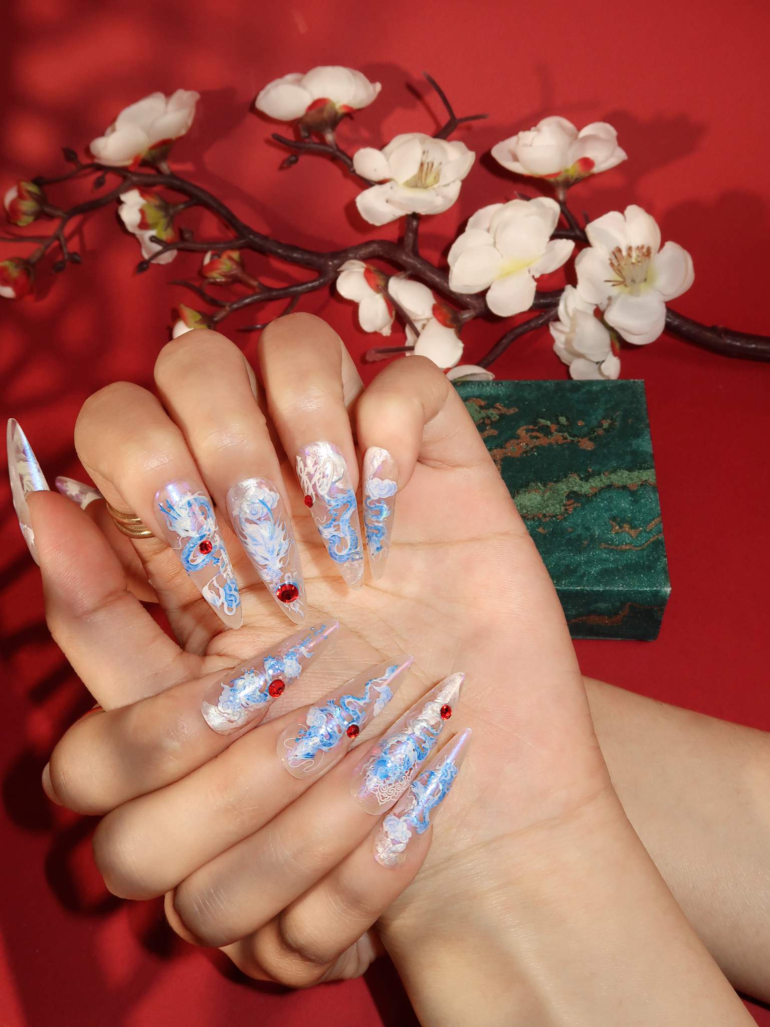  Porcelain Dragon - Ersa Nails Blue White Long Oval PressOnNails