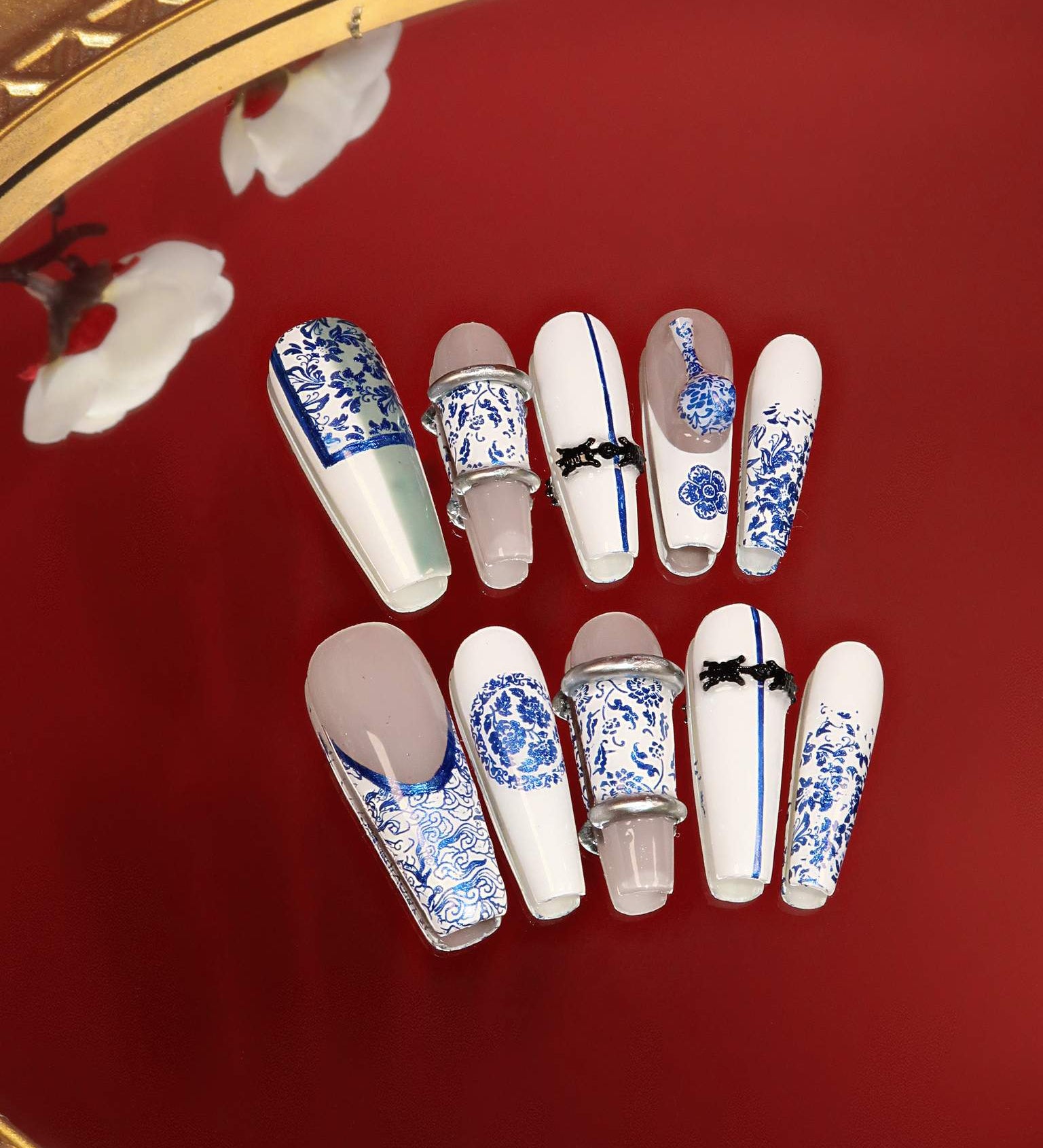  Qinghuaci - Ersa Nails Blue White Long Coffin PressOnNails