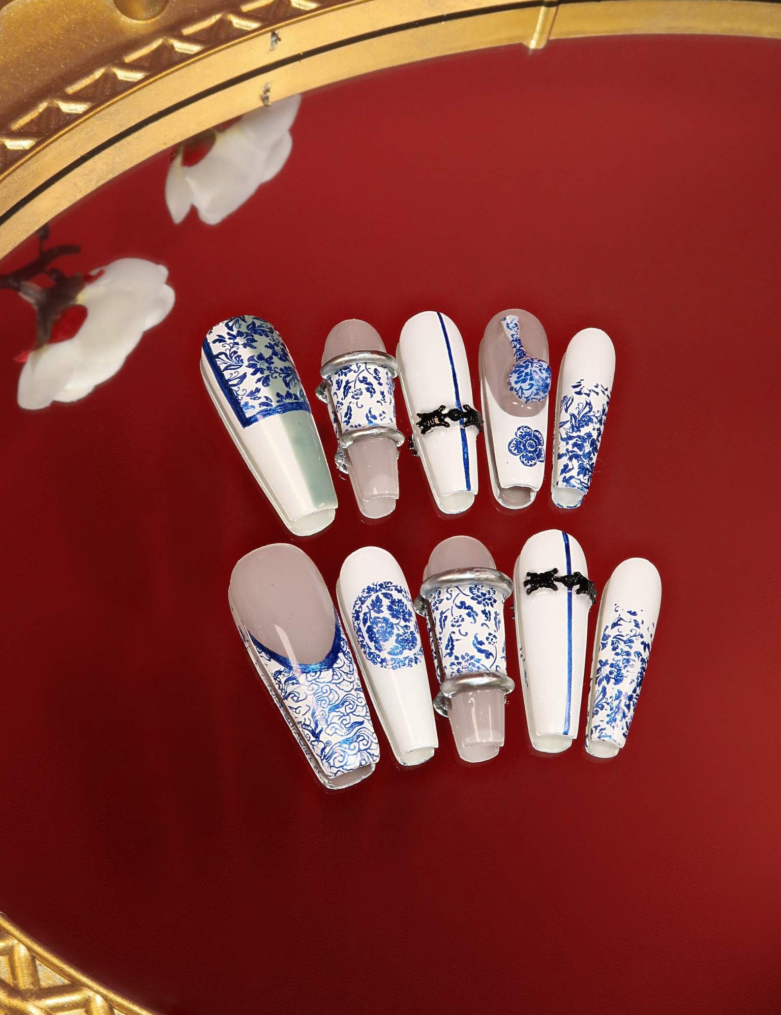  Qinghuaci - Ersa Nails Blue White Long Coffin PressOnNails