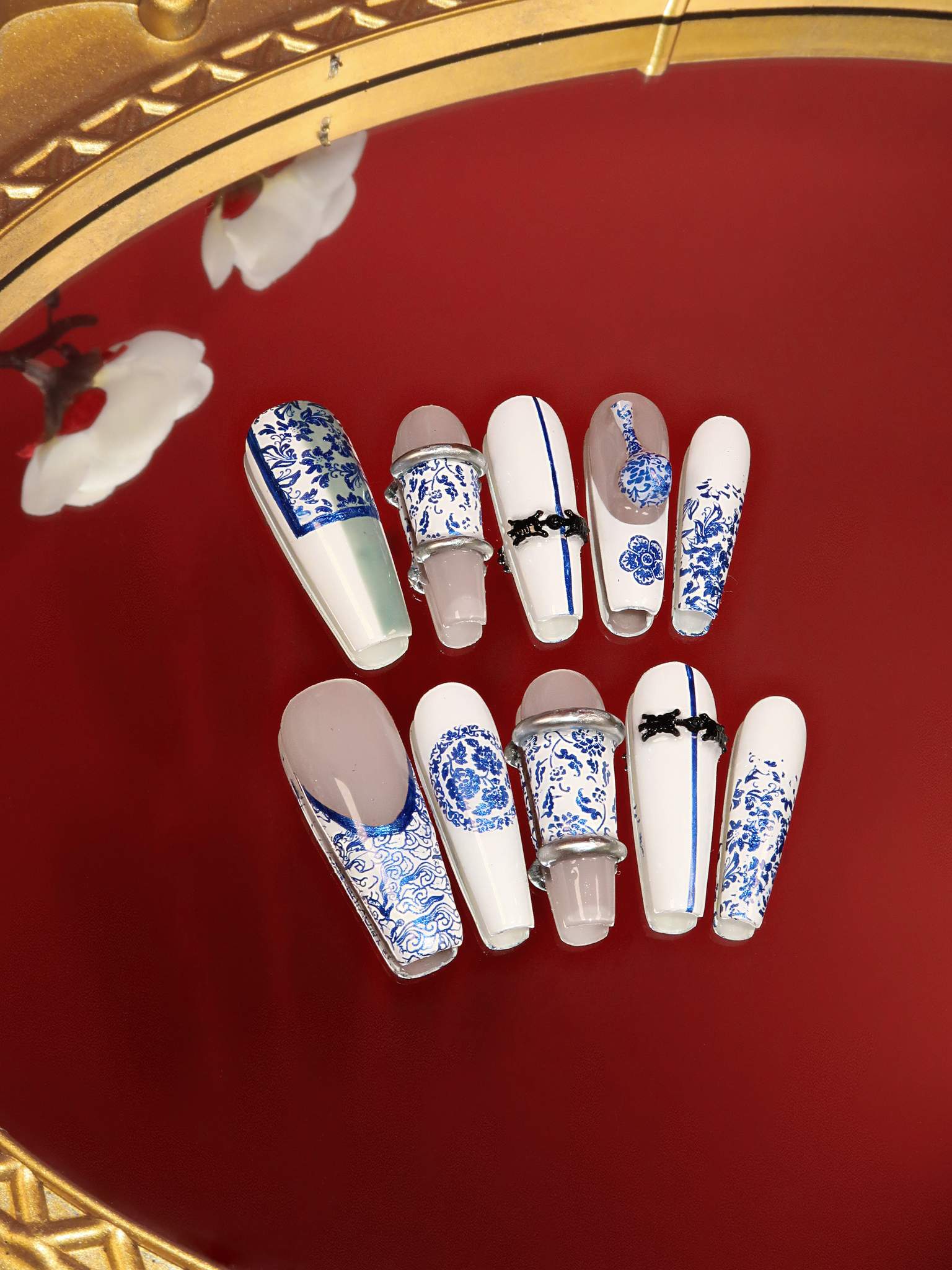  Qinghuaci - Ersa Nails Blue White Long Coffin PressOnNails