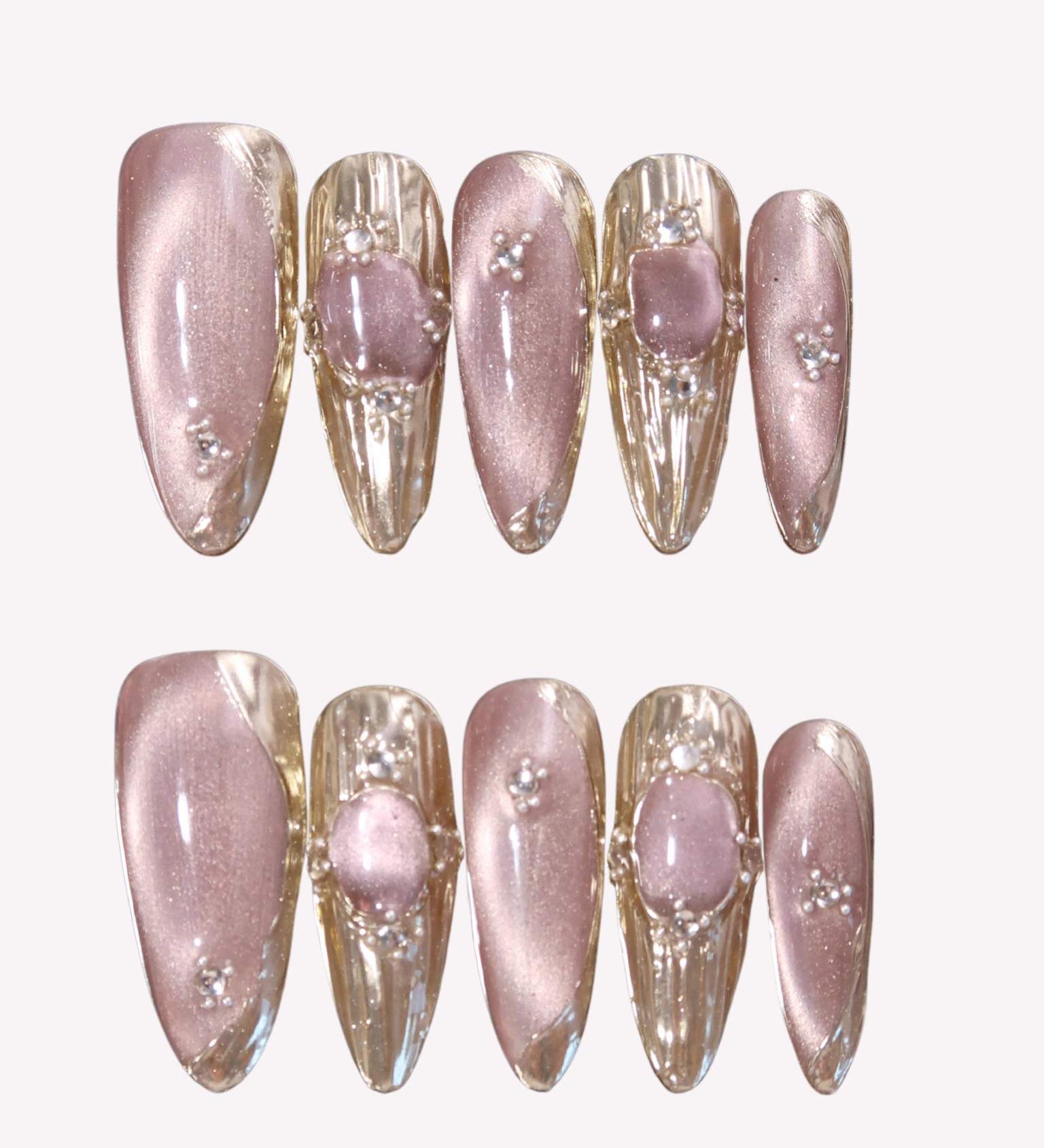 Rosy Shimmer - Ersa Nails Pink Gold Long Almond PressOnNails