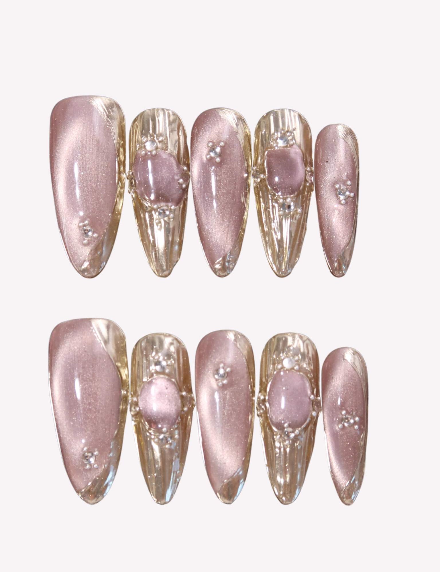 Rosy Shimmer - Ersa Nails Pink Gold Long Almond PressOnNails