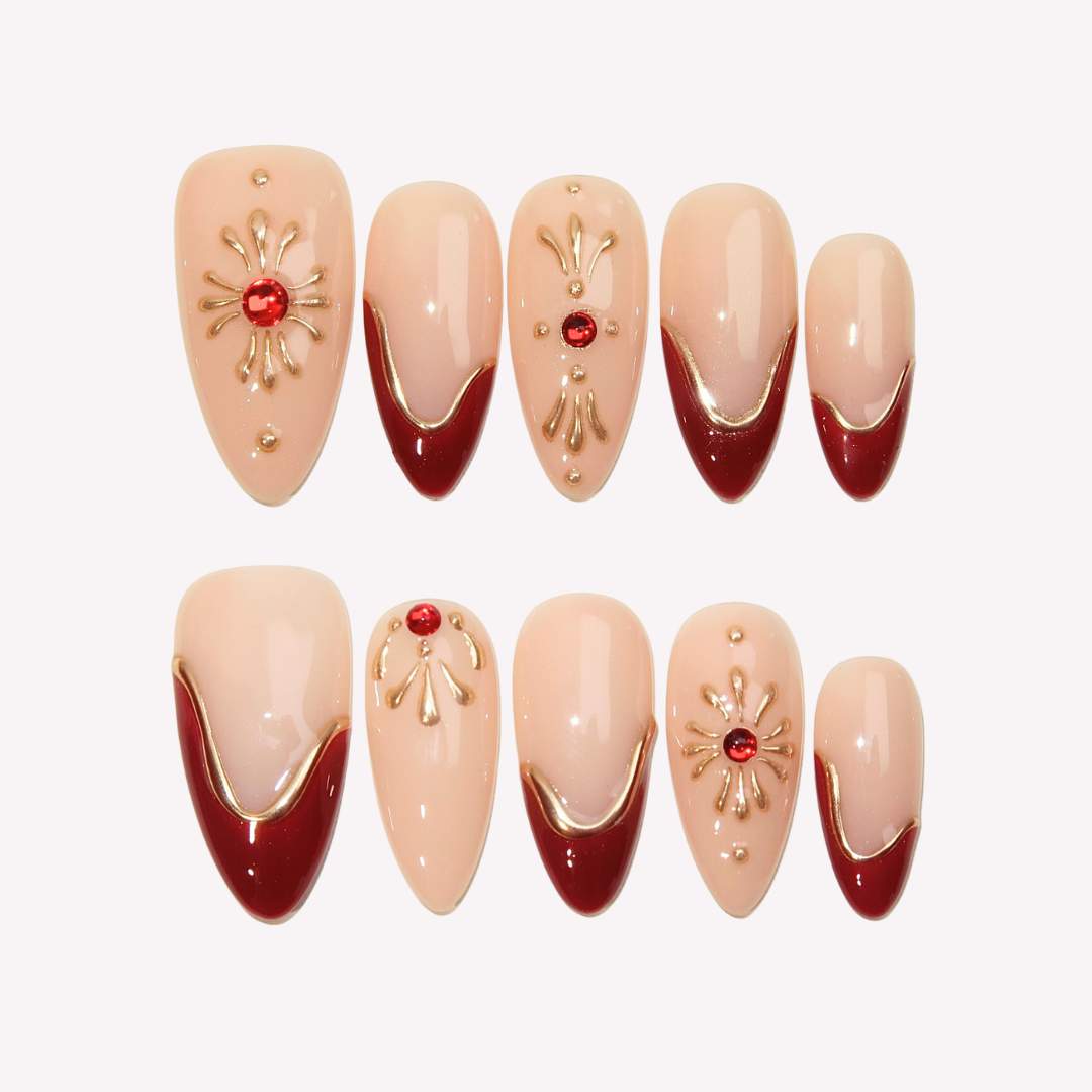 Ruby Whispers - Ersa Nails Nude Red Gold PressOnNails