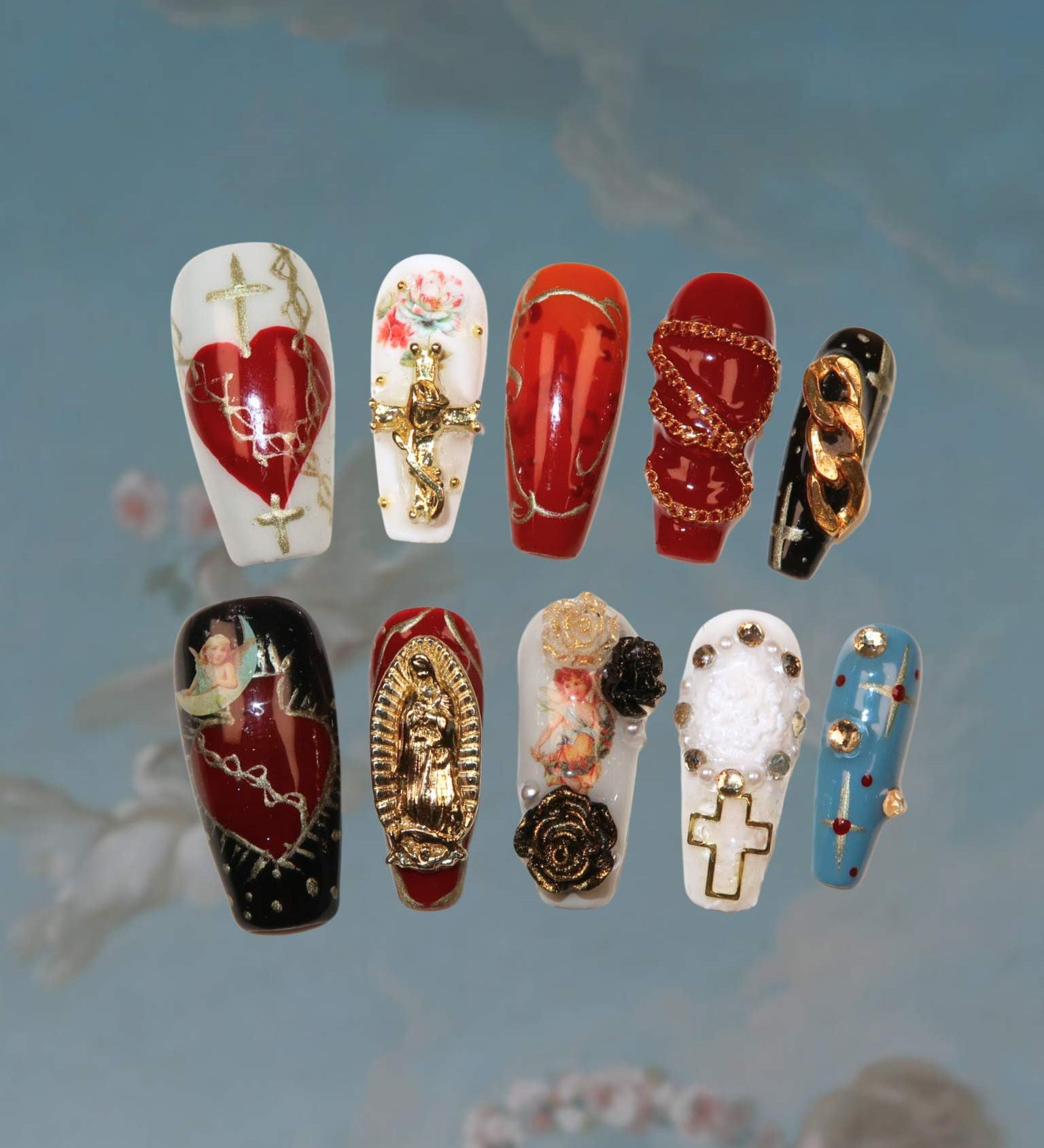 Sacred Icon - Ersa Nails Black Blue Red White Long Coffin PressOnNails