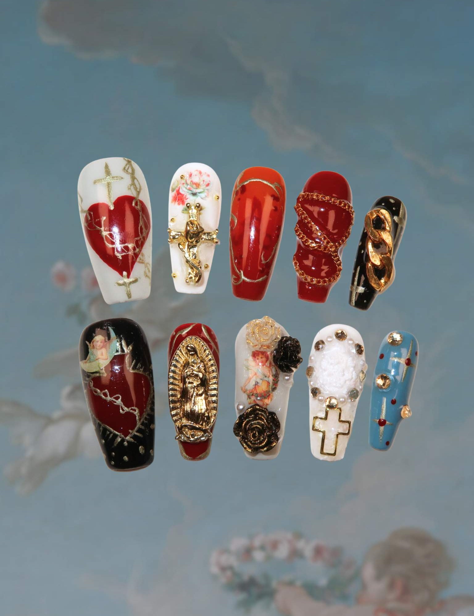 Sacred Icon - Ersa Nails Black Blue Red White Long Coffin PressOnNails