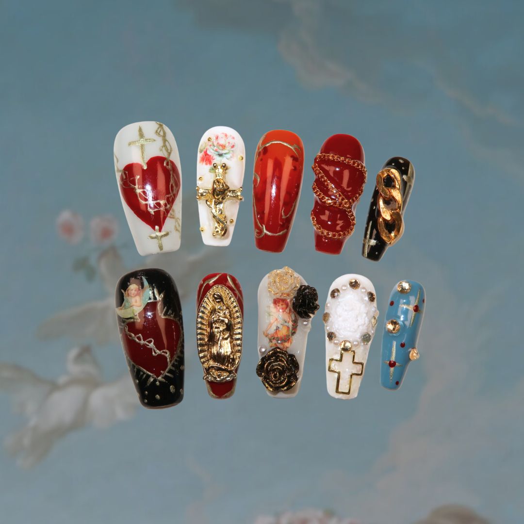 Sacred Icon - Ersa Nails Black Blue Red White Long Coffin PressOnNails