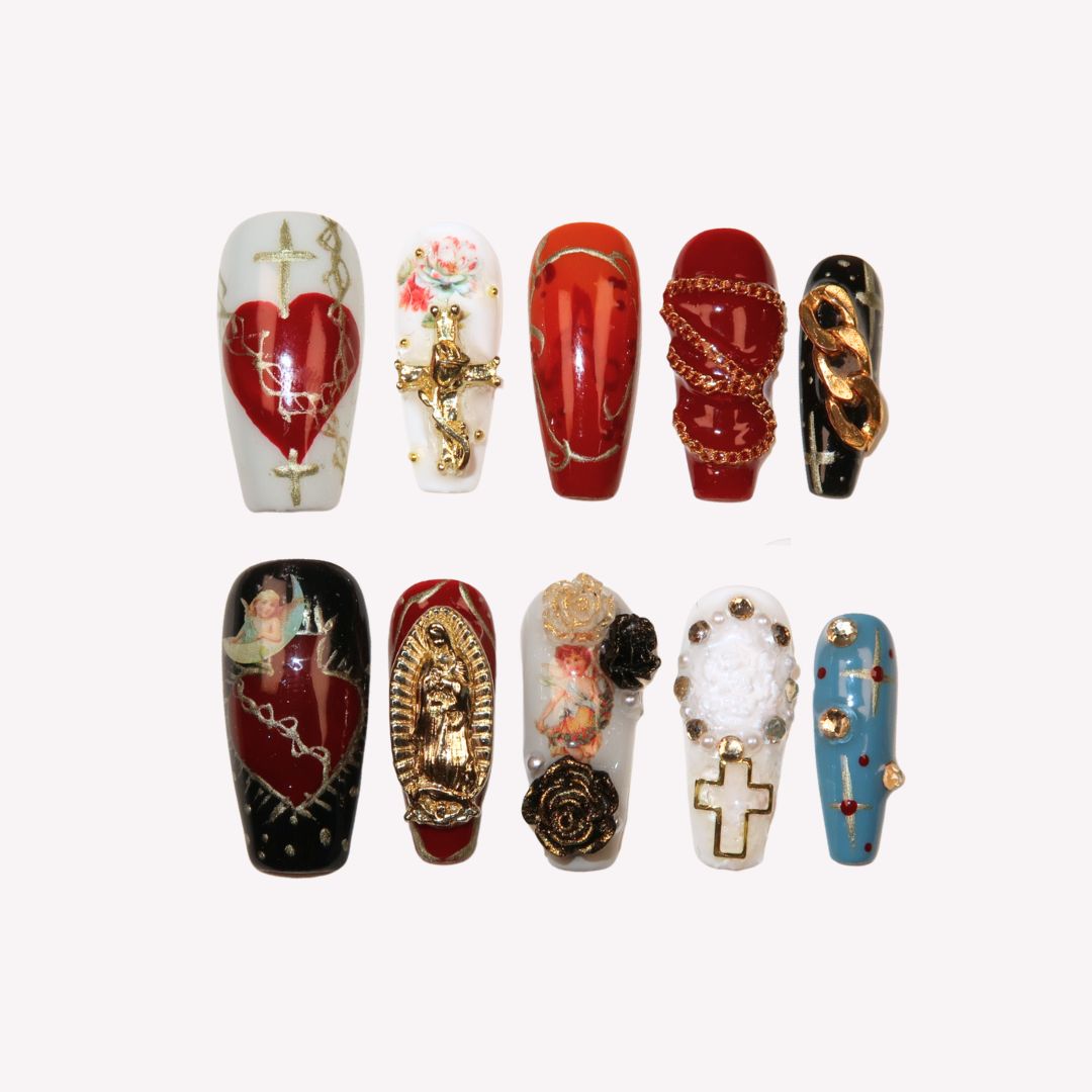 Sacred Icon - Ersa Nails Black Blue Red White Long Coffin PressOnNails