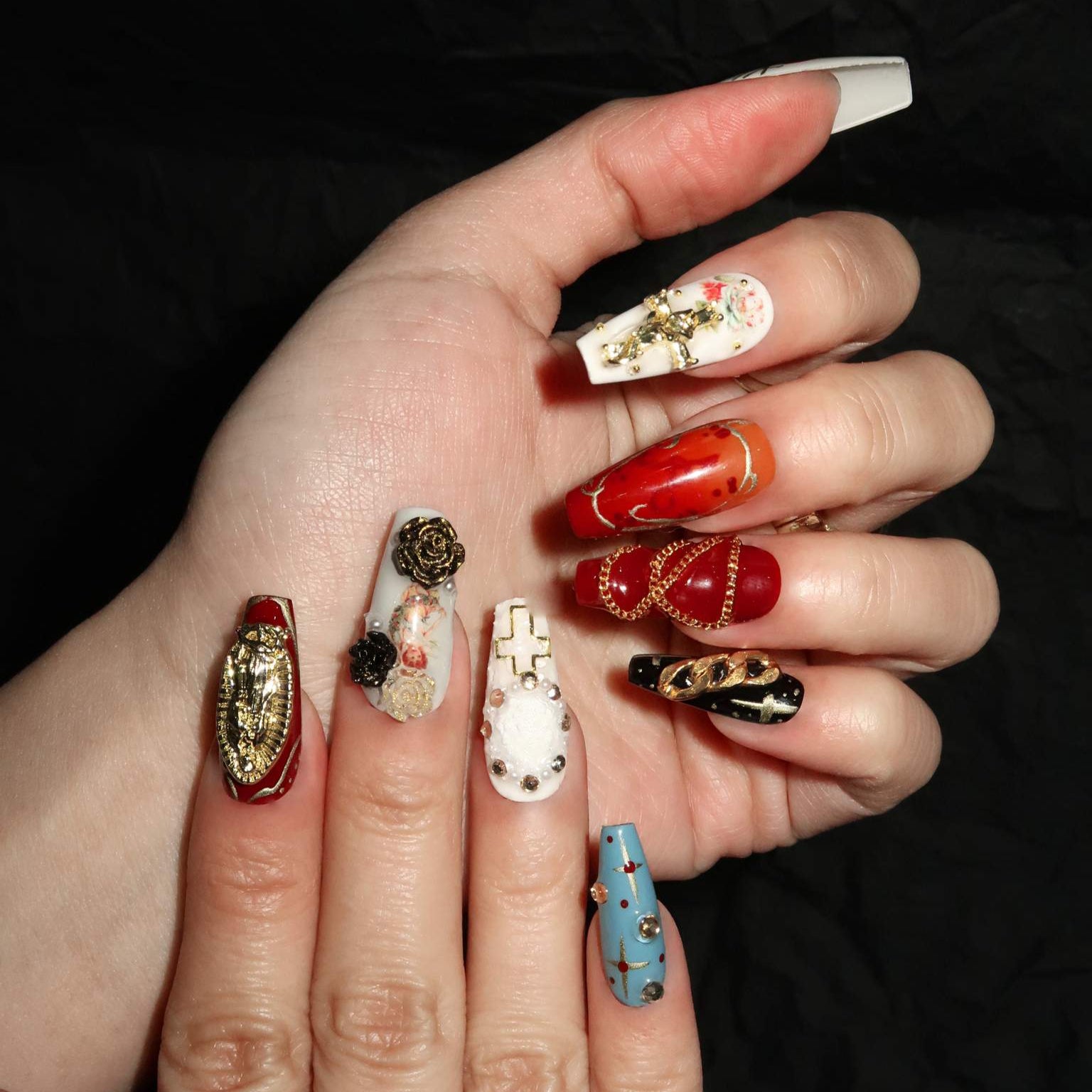 Sacred Icon - Ersa Nails Black Blue Red White Long Coffin PressOnNails