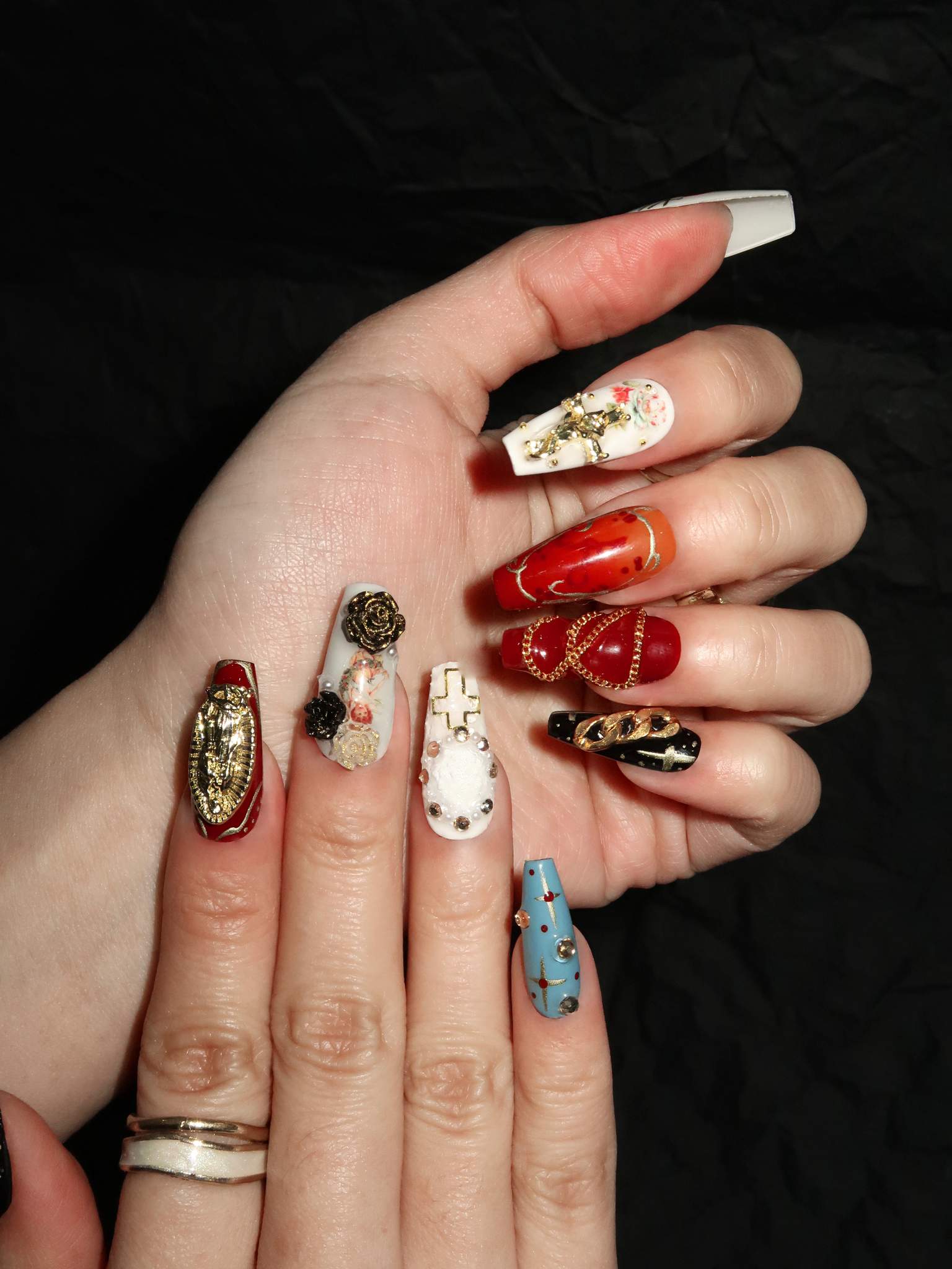 Sacred Icon - Ersa Nails Black Blue Red White Long Coffin PressOnNails