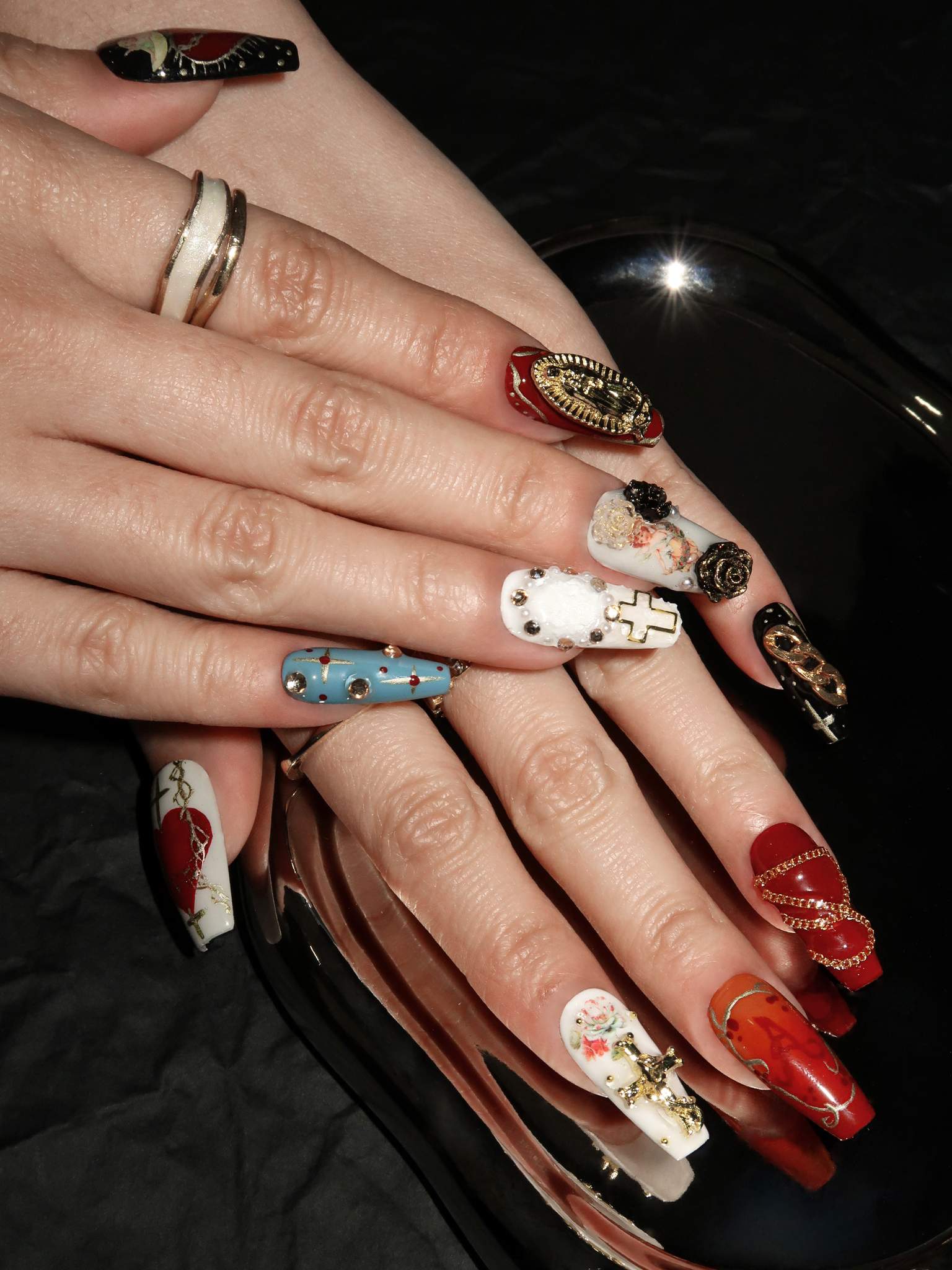 Sacred Icon - Ersa Nails Black Blue Red White Long Coffin PressOnNails