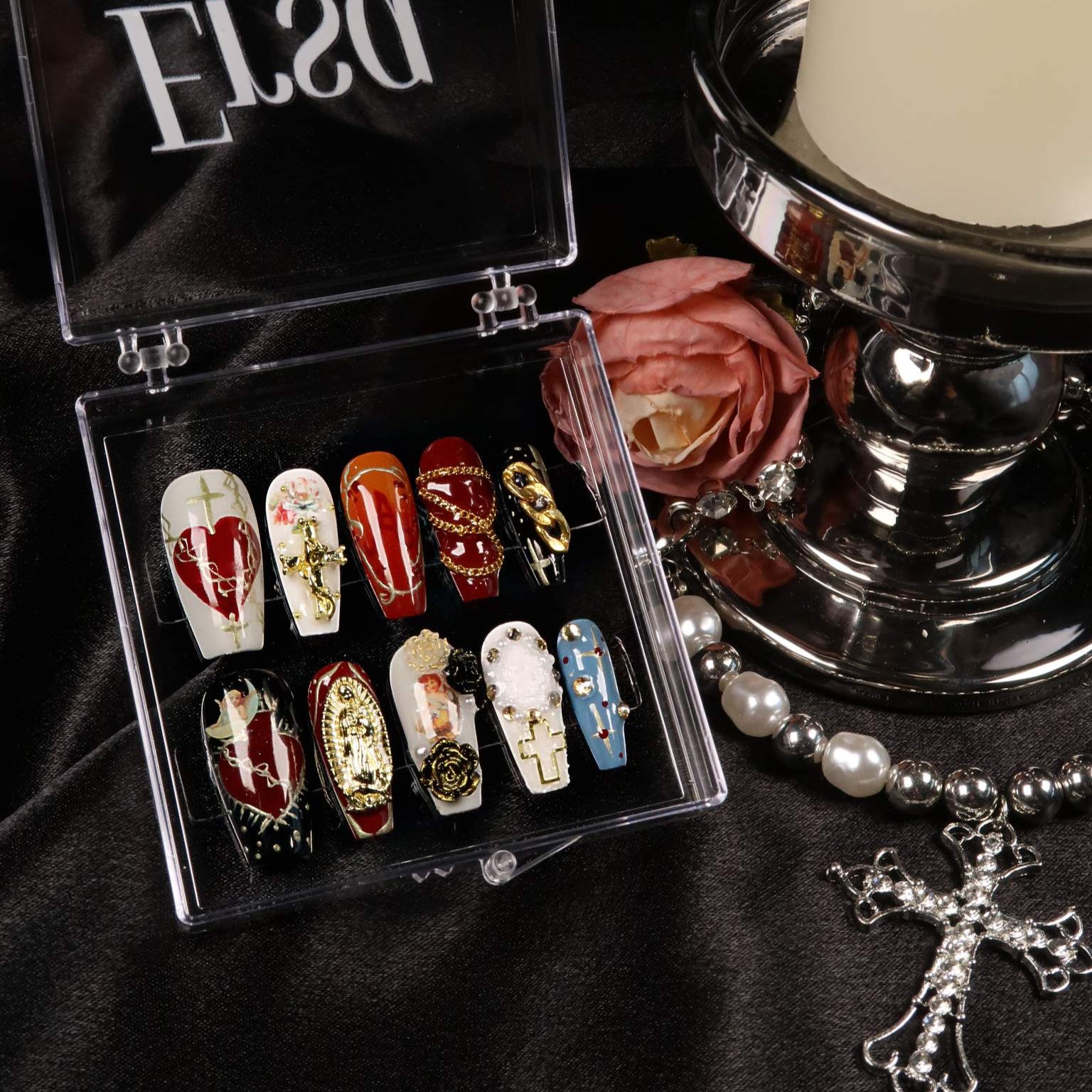 Sacred Icon - Ersa Nails Black Blue Red White Long Coffin PressOnNails