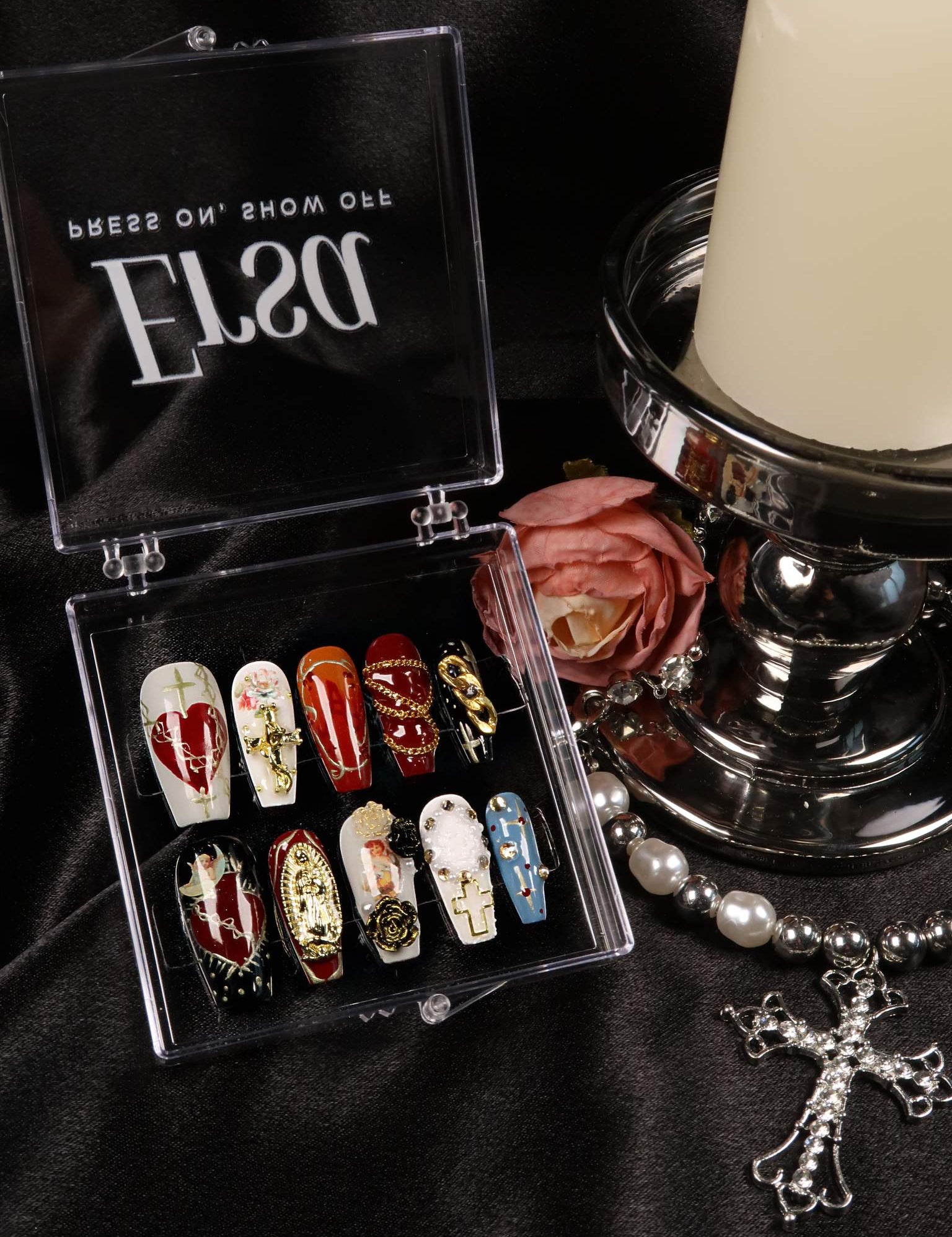 Sacred Icon - Ersa Nails Black Blue Red White Long Coffin PressOnNails