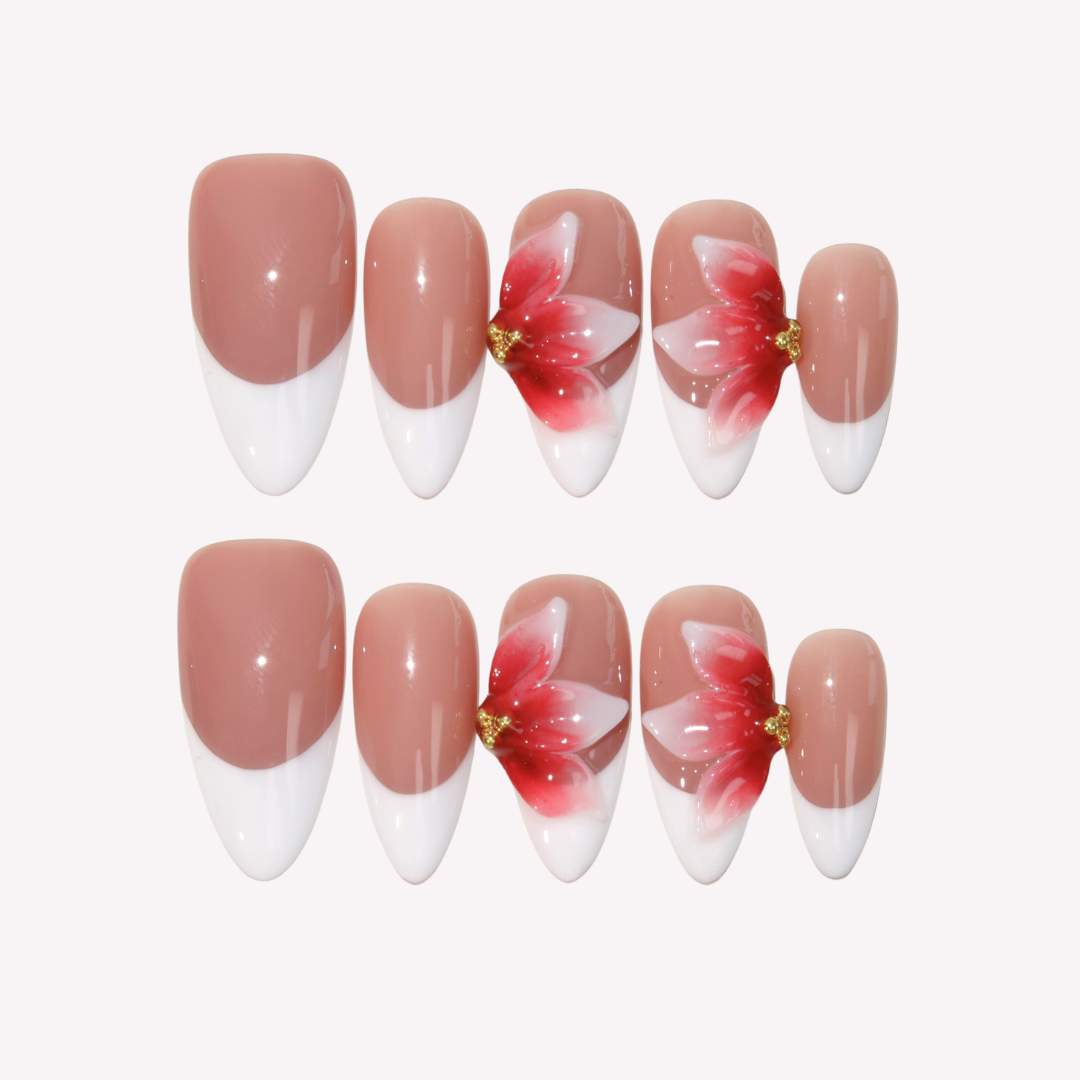 Scarlet Petals - Ersa Nails Nude White Red PressOnNails