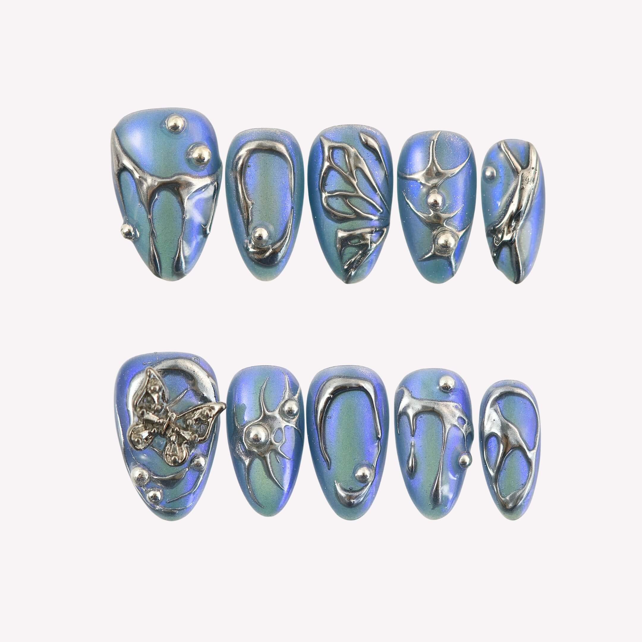  Siren - Ersa Nails Blue Silver  PressOnNails