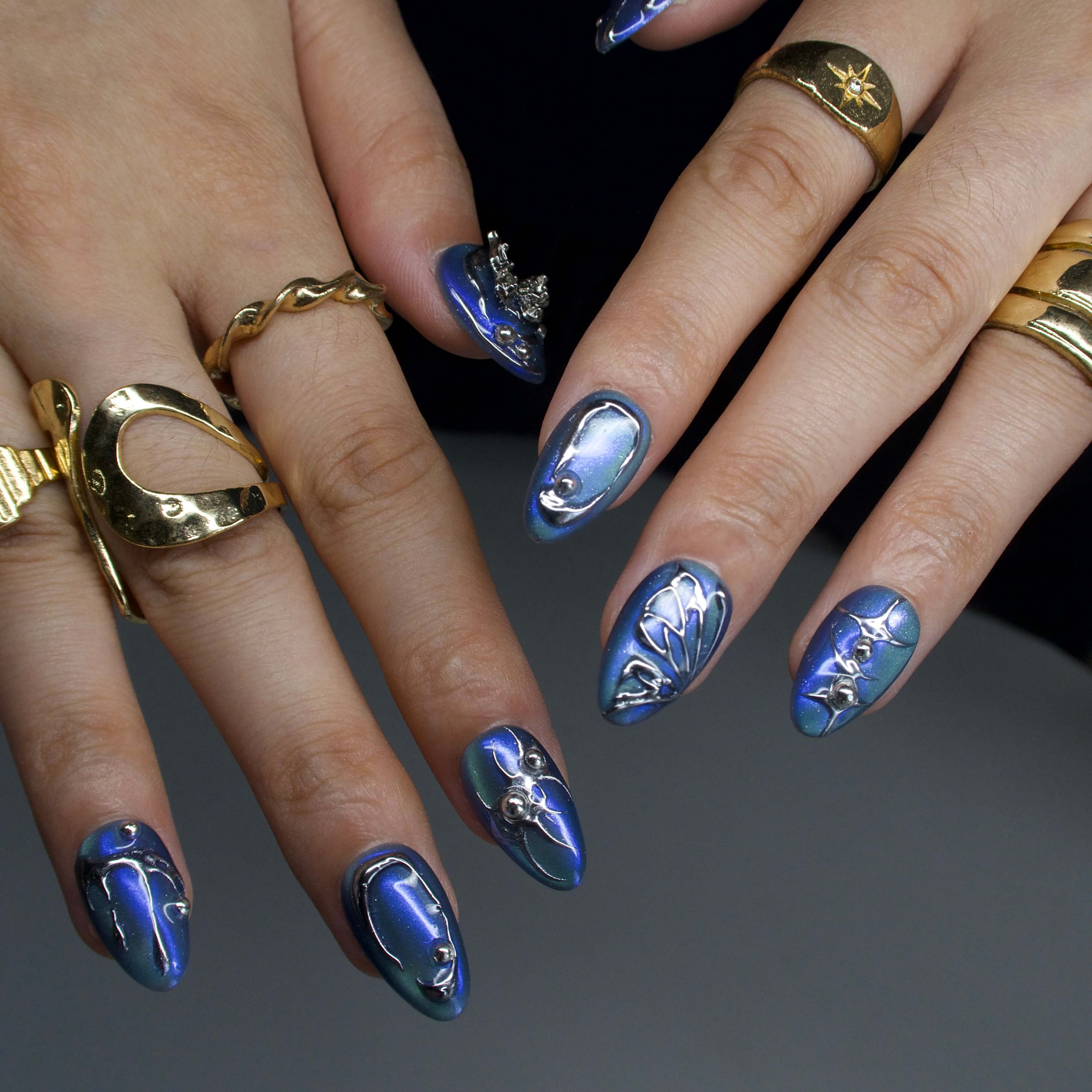  Siren - Ersa Nails Blue Silver  PressOnNails
