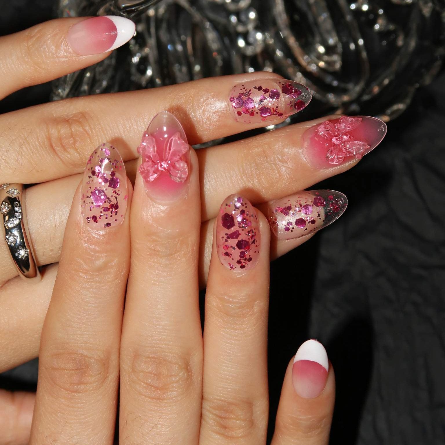 Sparkling Allure - Ersa Nails Pink White Short Almond PressOnNails